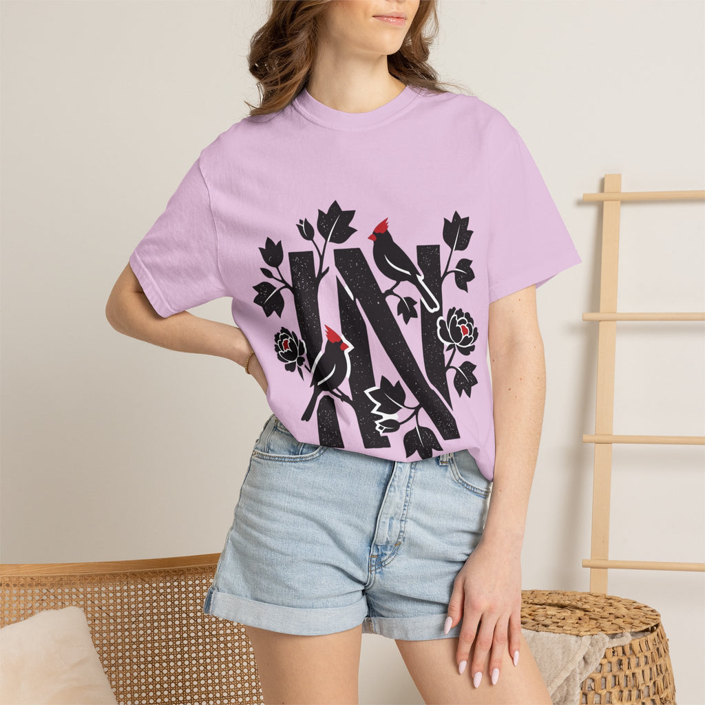 OurStateTees - Indiana IN Cardinal & Floral 'N' Monogram T-Shirt — Botanical Letter Tee