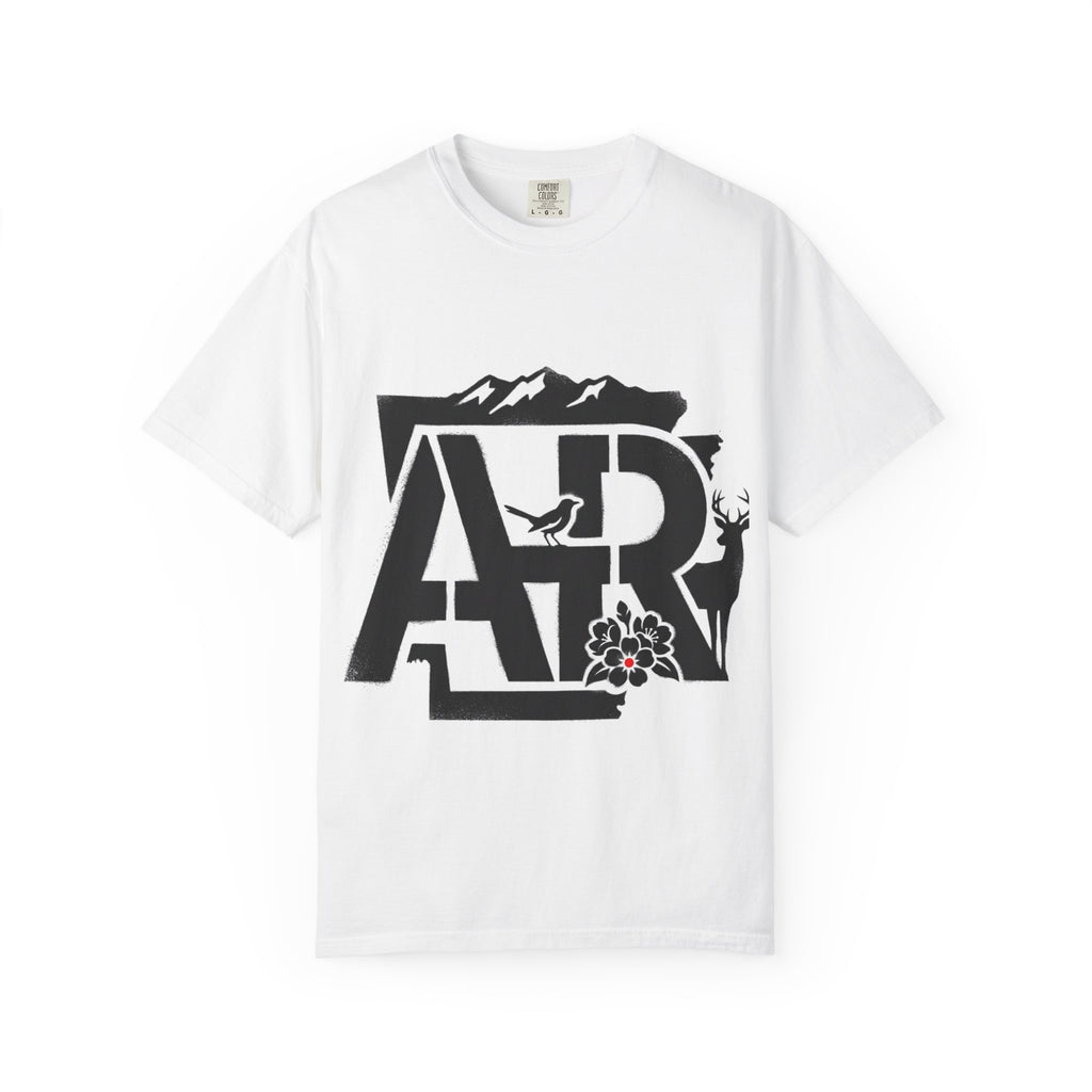OurStateTees - Arkansas AR Mountain Logo T-Shirt — Nature Bird & Wildflower Graphic