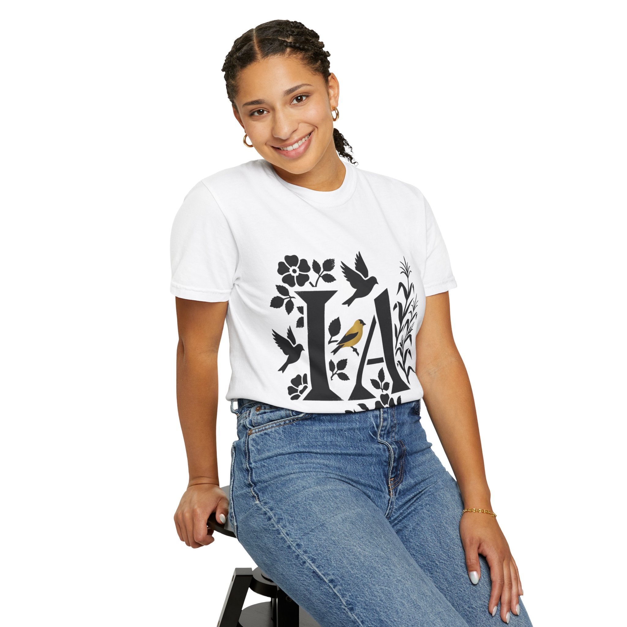 OurStateTees - Iowa IA Botanical Bird T-Shirt — Floral Initial Tee