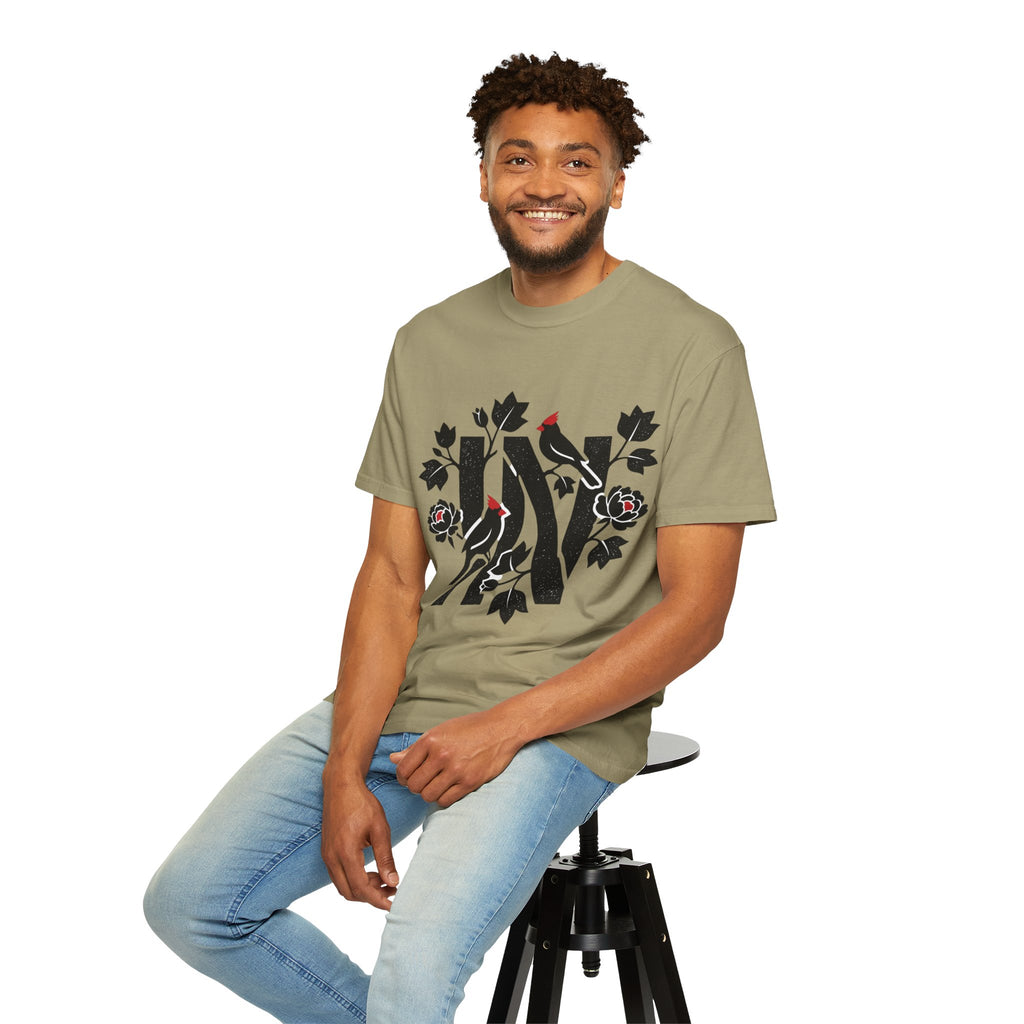 OurStateTees - Indiana IN Cardinal & Floral 'N' Monogram T-Shirt — Botanical Letter Tee