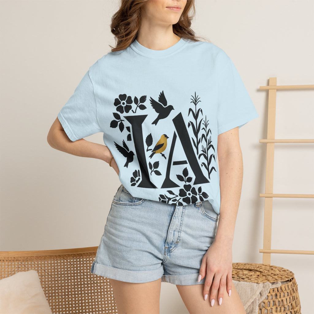 OurStateTees - Iowa IA Botanical Bird T-Shirt — Floral Initial Tee