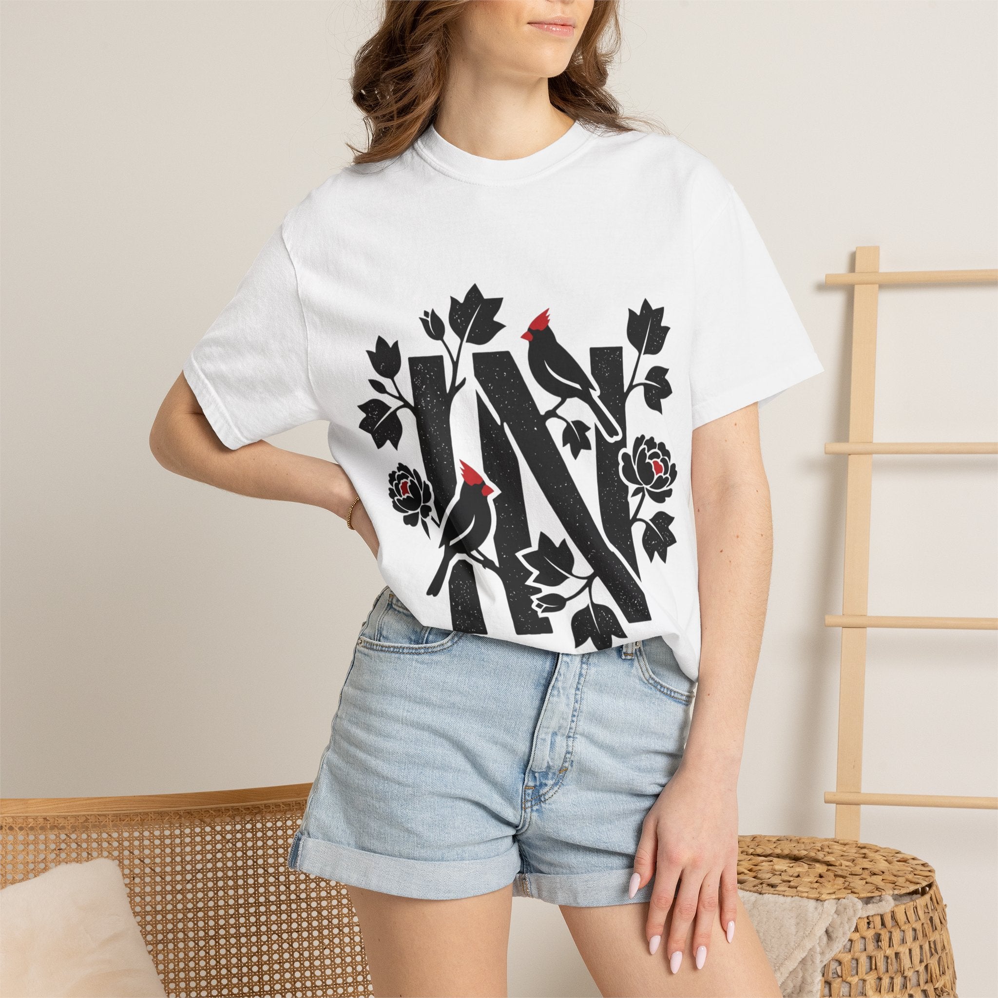 OurStateTees - Indiana IN Cardinal & Floral 'N' Monogram T-Shirt — Botanical Letter Tee