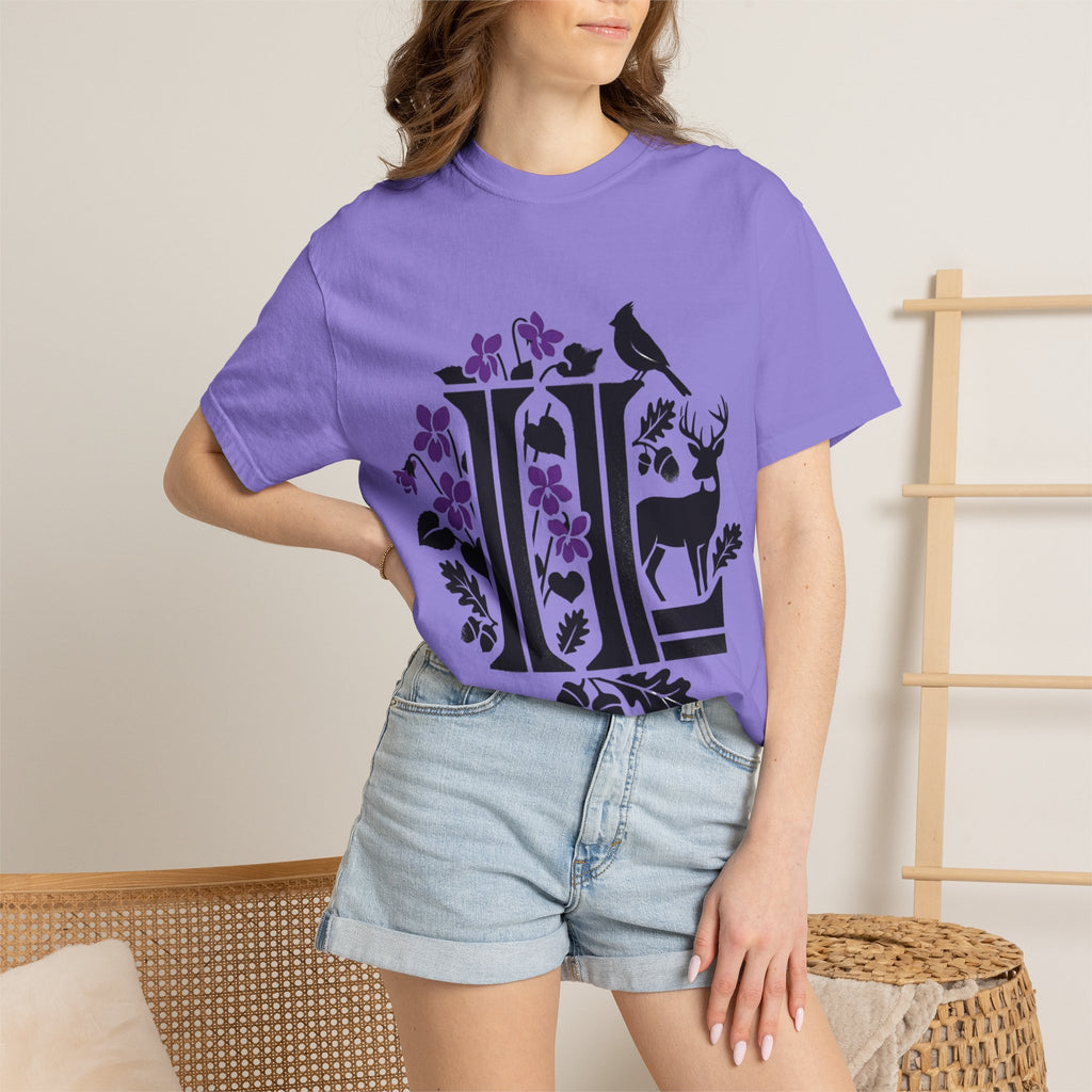 OurStateTees - Illinois IL -  Nature Initial Monogram with Deer & Birds (Floral Letter II)