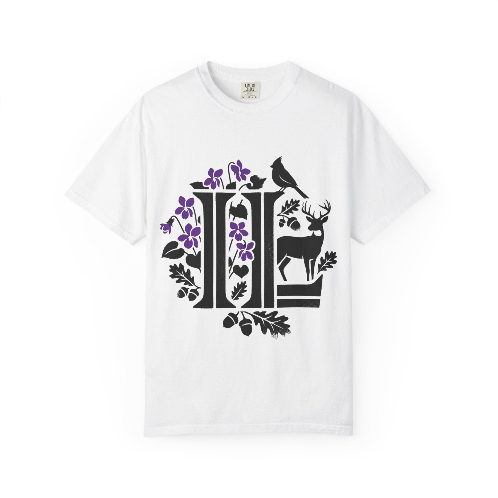 OurStateTees - Illinois IL -  Nature Initial Monogram with Deer & Birds (Floral Letter II)