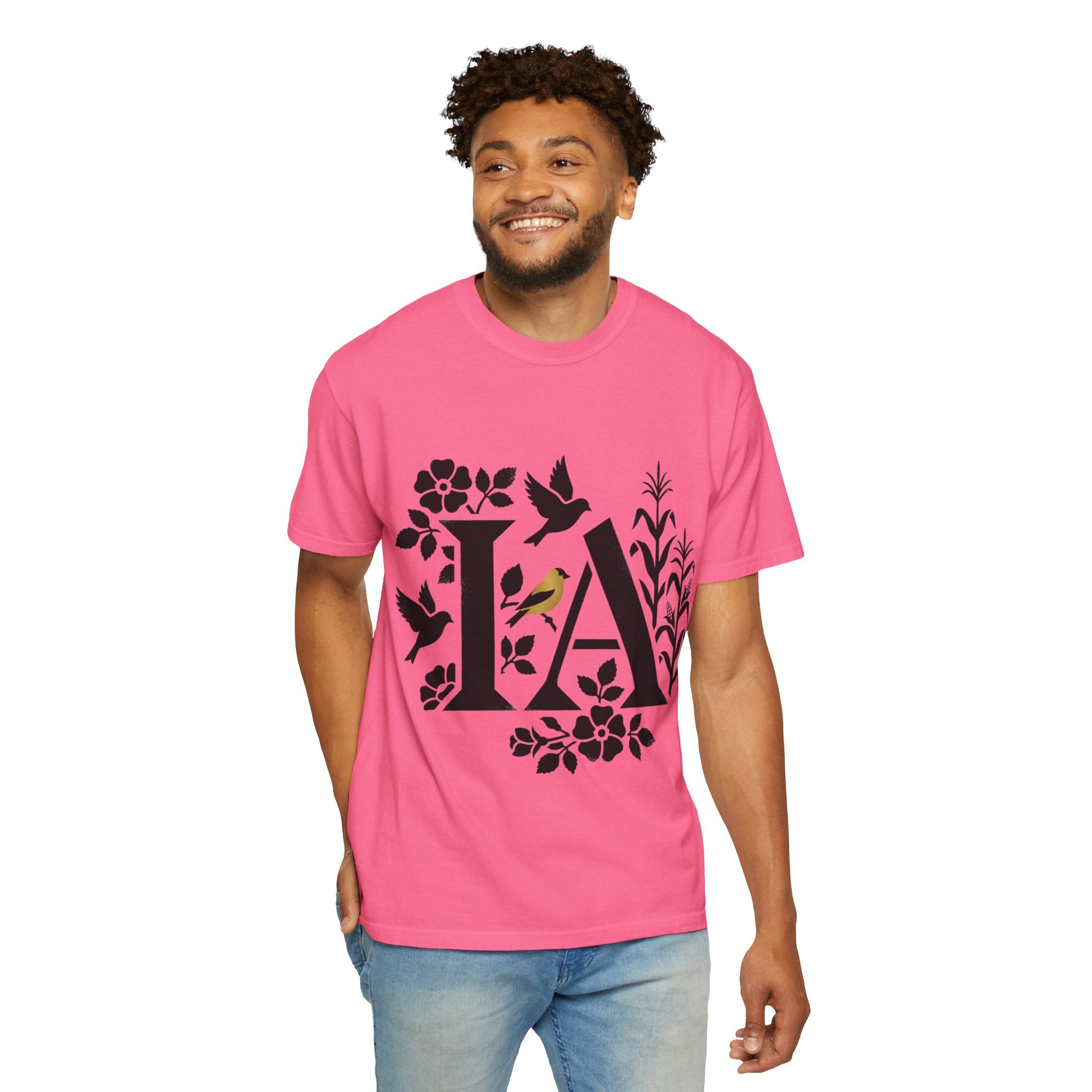 OurStateTees - Iowa IA Botanical Bird T-Shirt — Floral Initial Tee