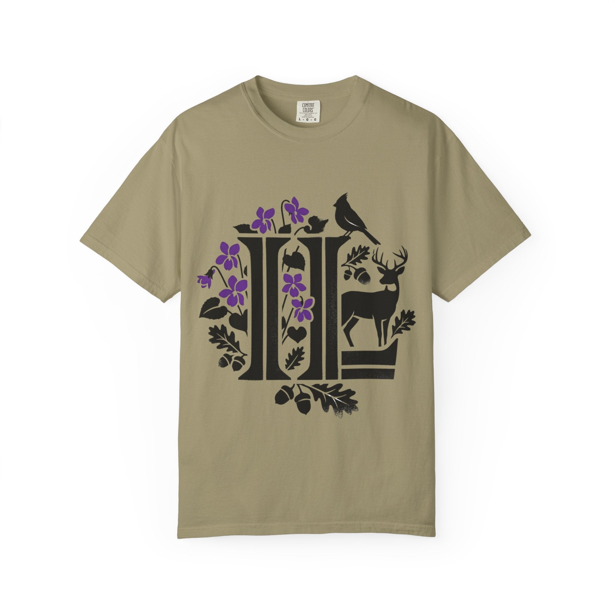 OurStateTees - Illinois IL -  Nature Initial Monogram with Deer & Birds (Floral Letter II)