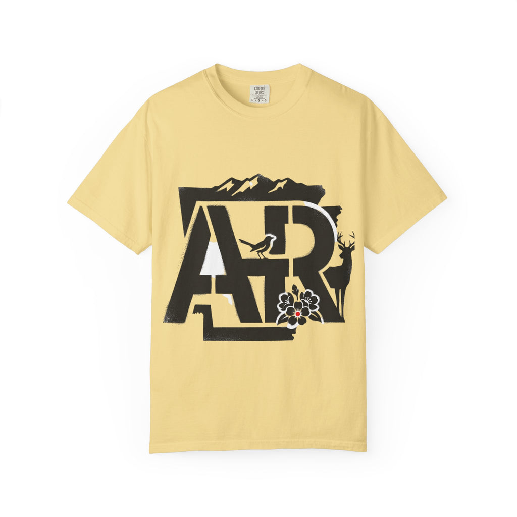 OurStateTees - Arkansas AR Mountain Logo T-Shirt — Nature Bird & Wildflower Graphic