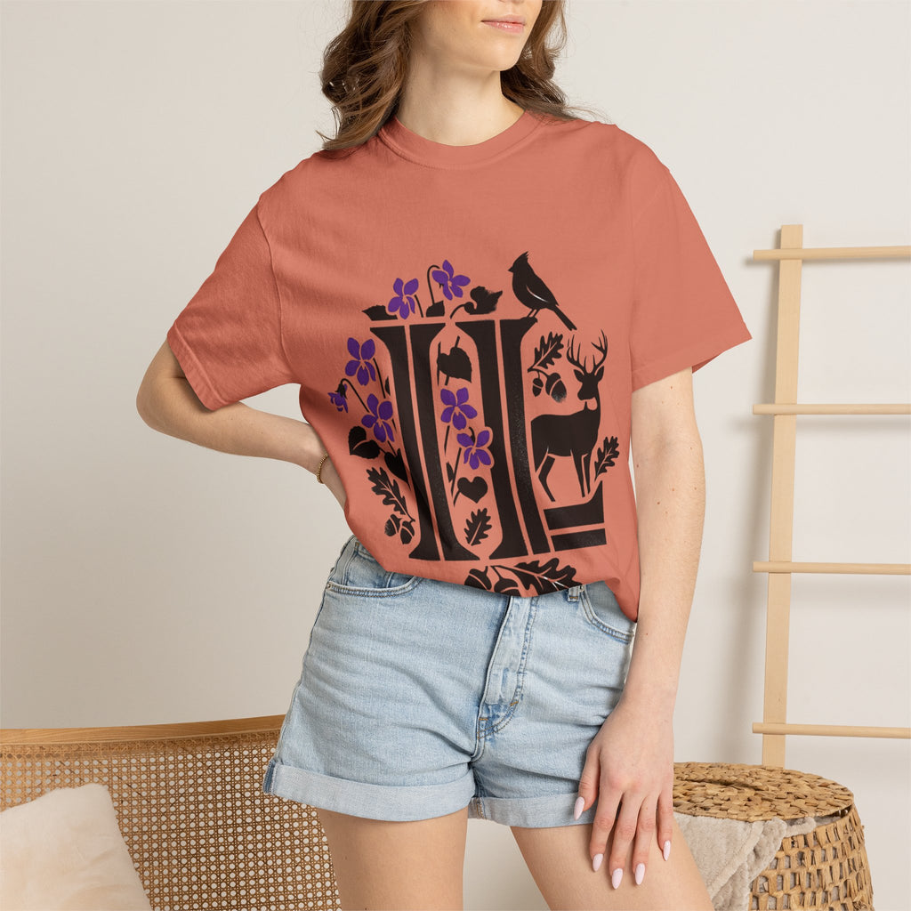 OurStateTees - Illinois IL -  Nature Initial Monogram with Deer & Birds (Floral Letter II)