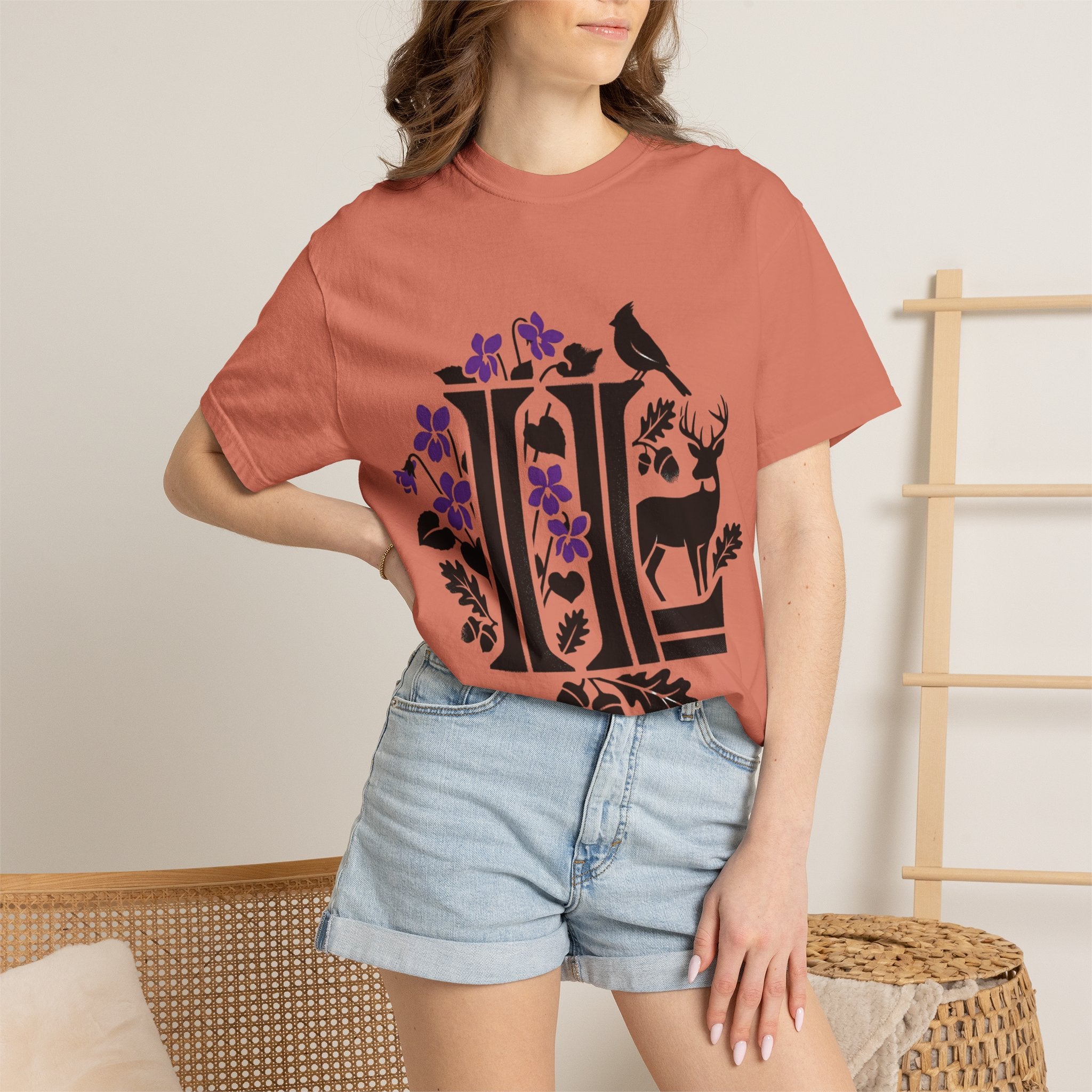 OurStateTees - Illinois IL -  Nature Initial Monogram with Deer & Birds (Floral Letter II)