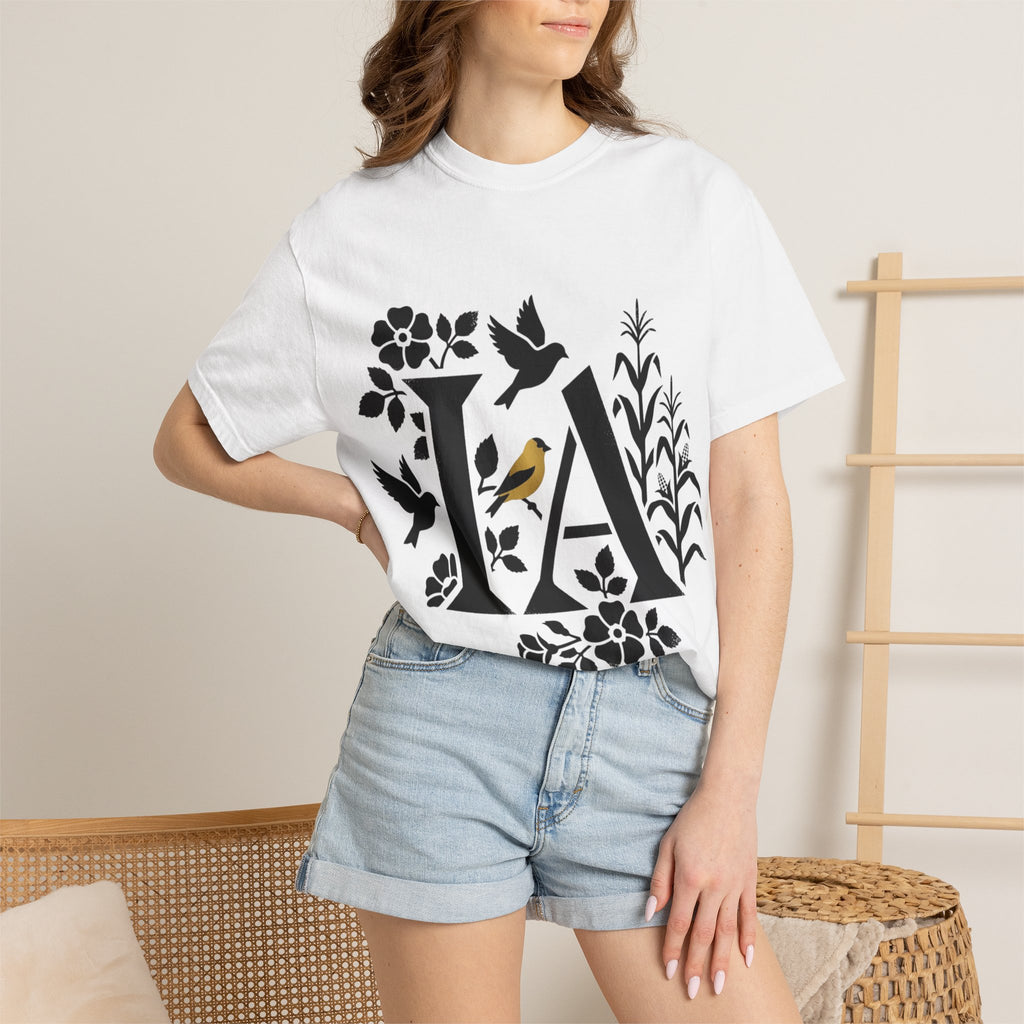 OurStateTees - Iowa IA Botanical Bird T-Shirt — Floral Initial Tee