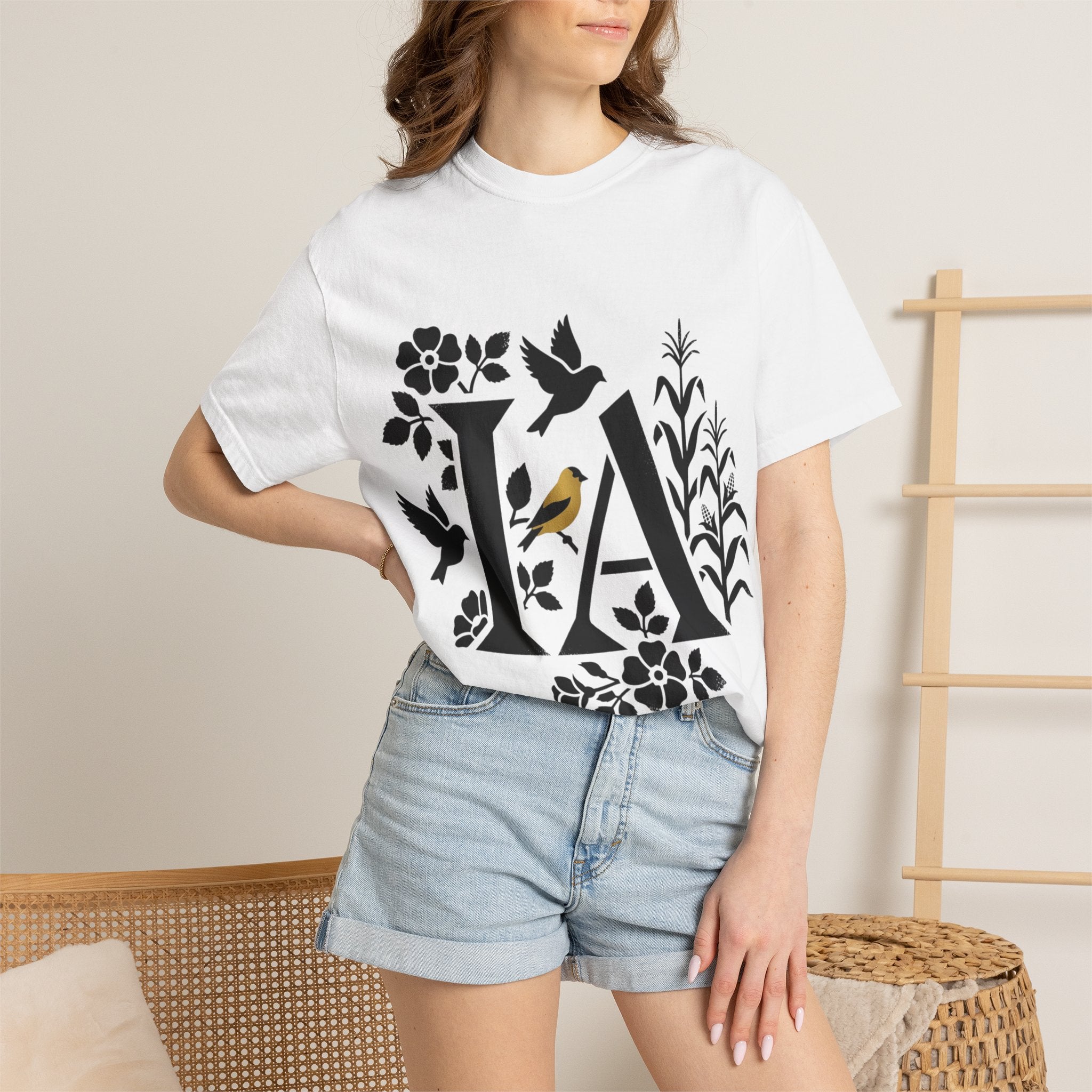 OurStateTees - Iowa IA Botanical Bird T-Shirt — Floral Initial Tee