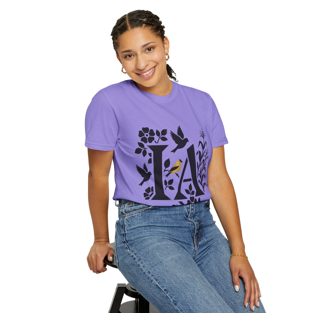 OurStateTees - Iowa IA Botanical Bird T-Shirt — Floral Initial Tee