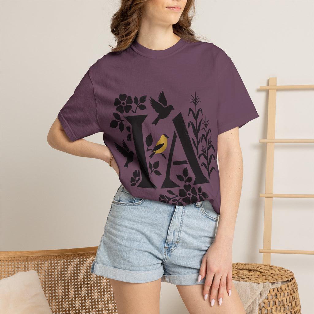 OurStateTees - Iowa IA Botanical Bird T-Shirt — Floral Initial Tee
