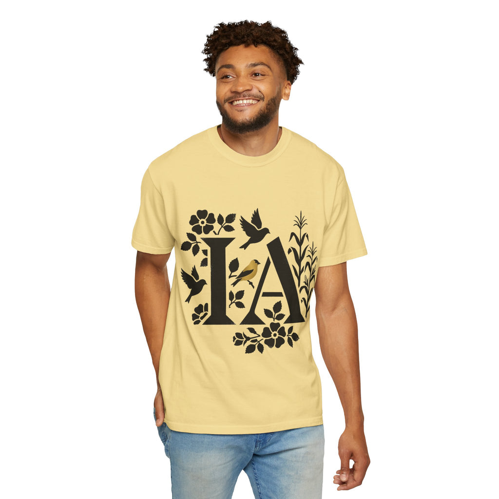OurStateTees - Iowa IA Botanical Bird T-Shirt — Floral Initial Tee