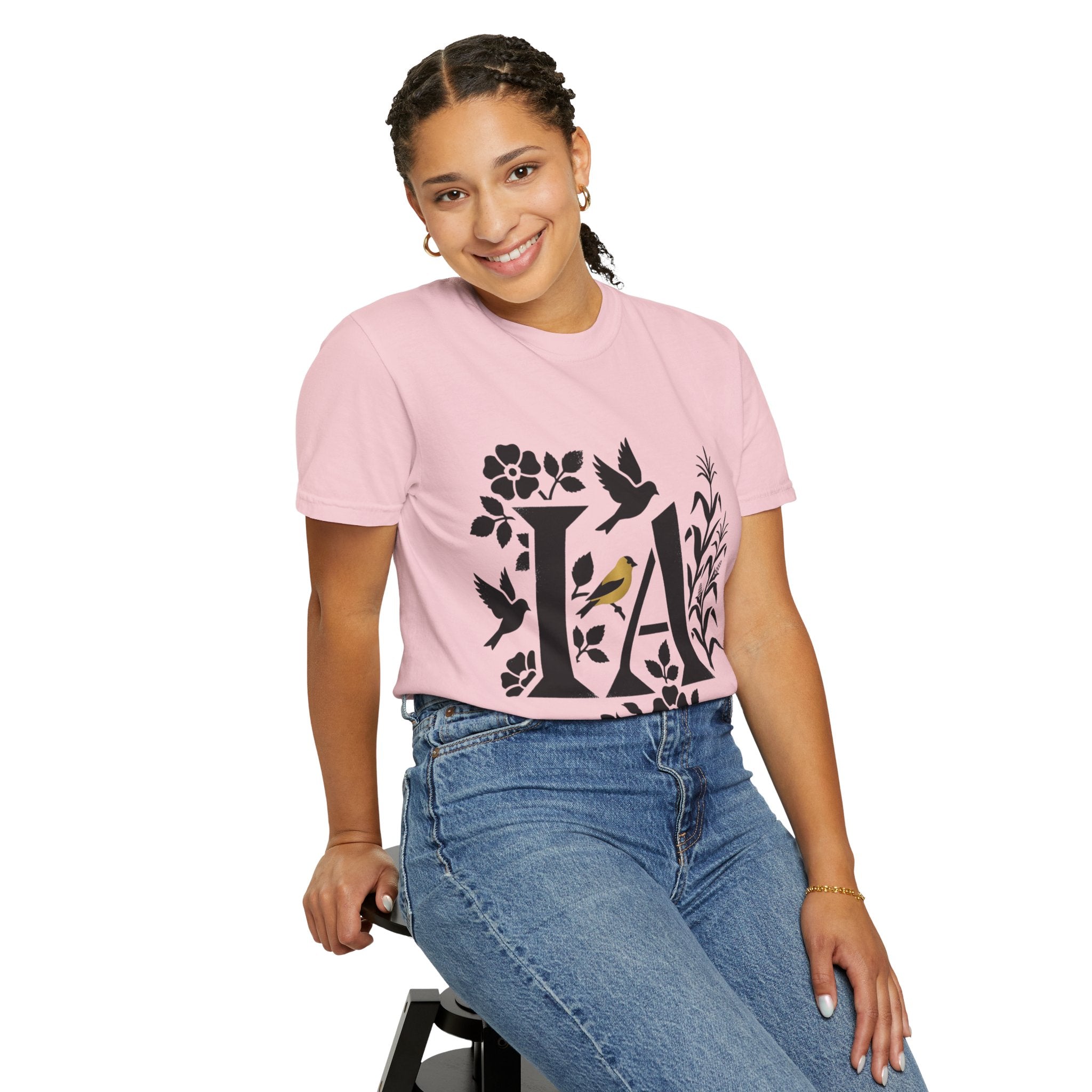 OurStateTees - Iowa IA Botanical Bird T-Shirt — Floral Initial Tee