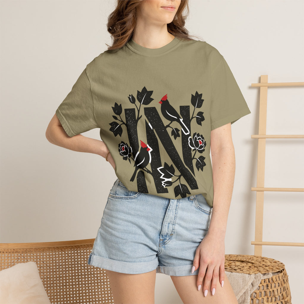 OurStateTees - Indiana IN Cardinal & Floral 'N' Monogram T-Shirt — Botanical Letter Tee