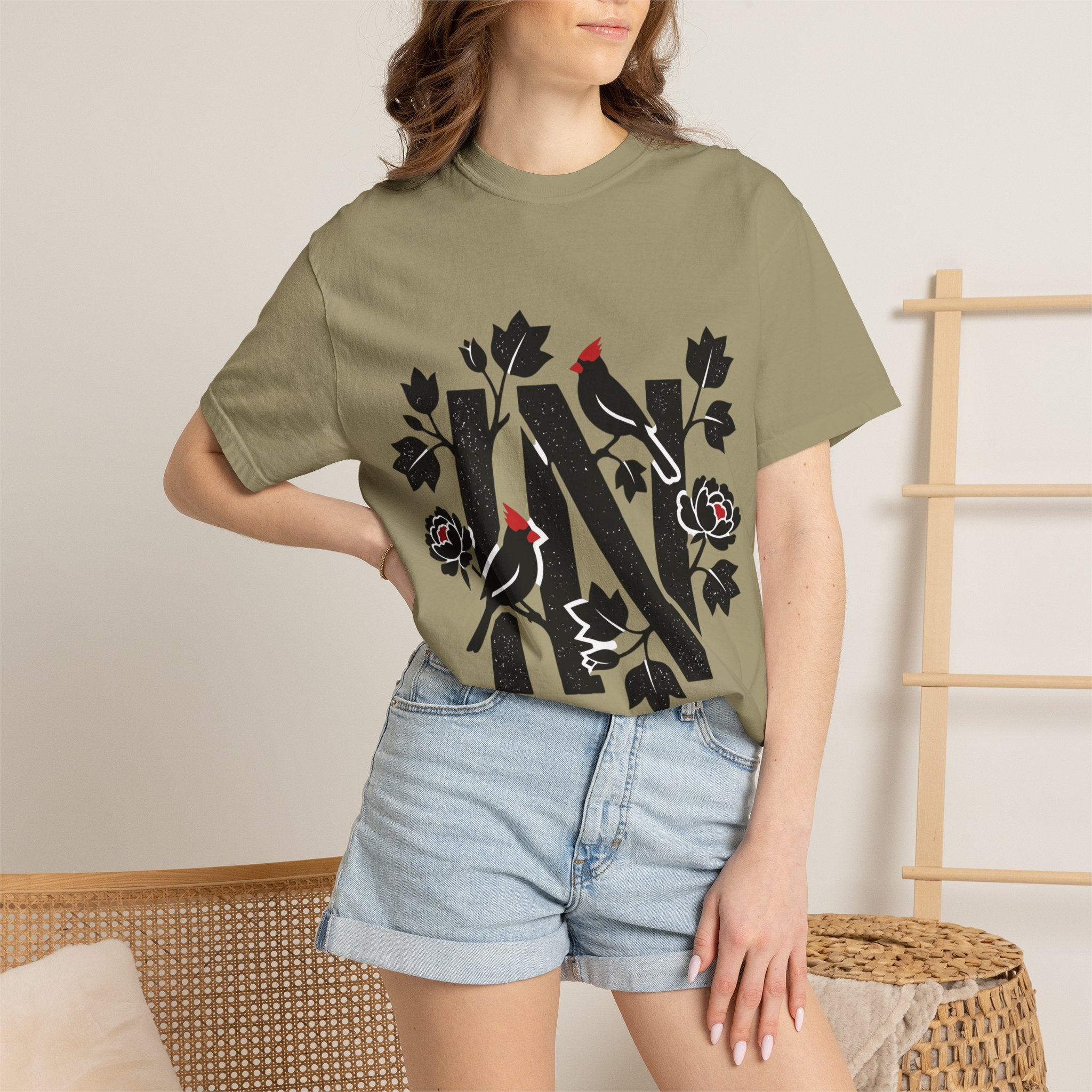 OurStateTees - Indiana IN Cardinal & Floral 'N' Monogram T-Shirt — Botanical Letter Tee