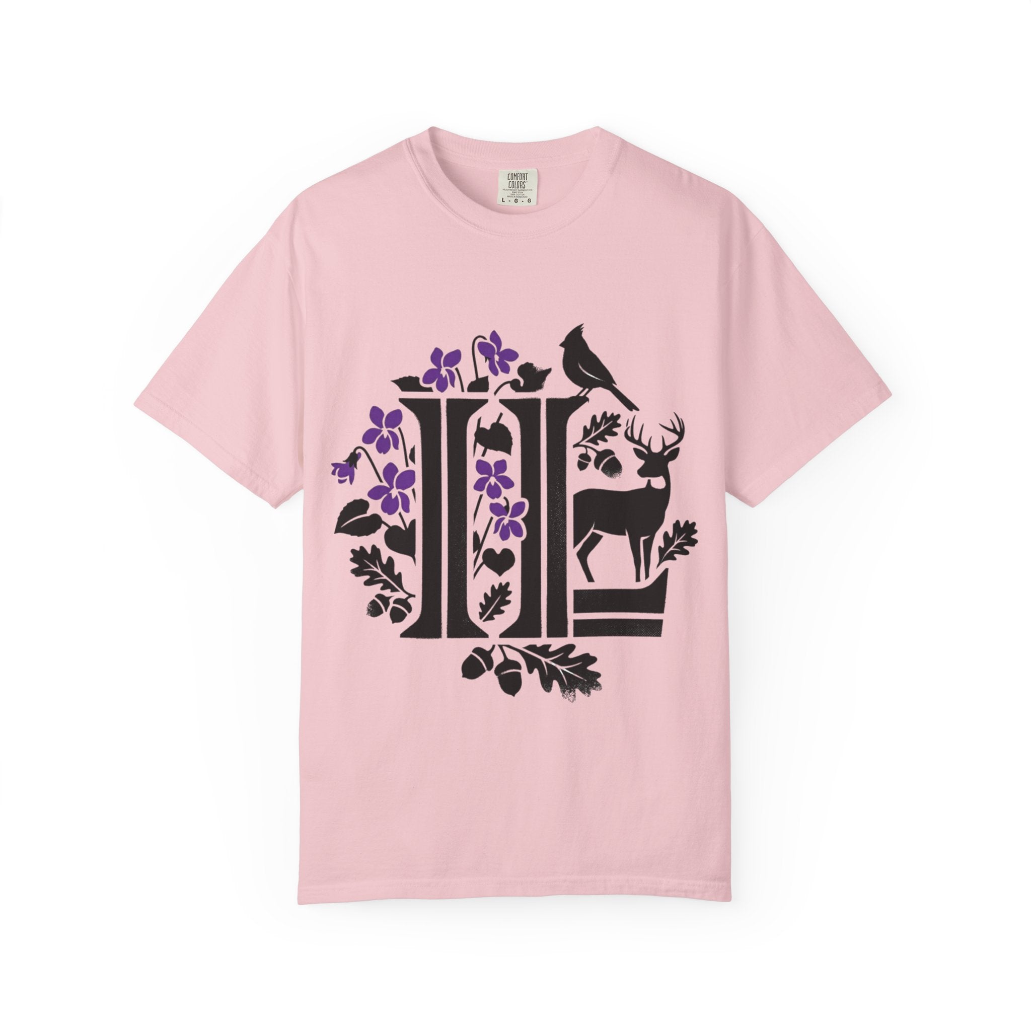 OurStateTees - Illinois IL -  Nature Initial Monogram with Deer & Birds (Floral Letter II)