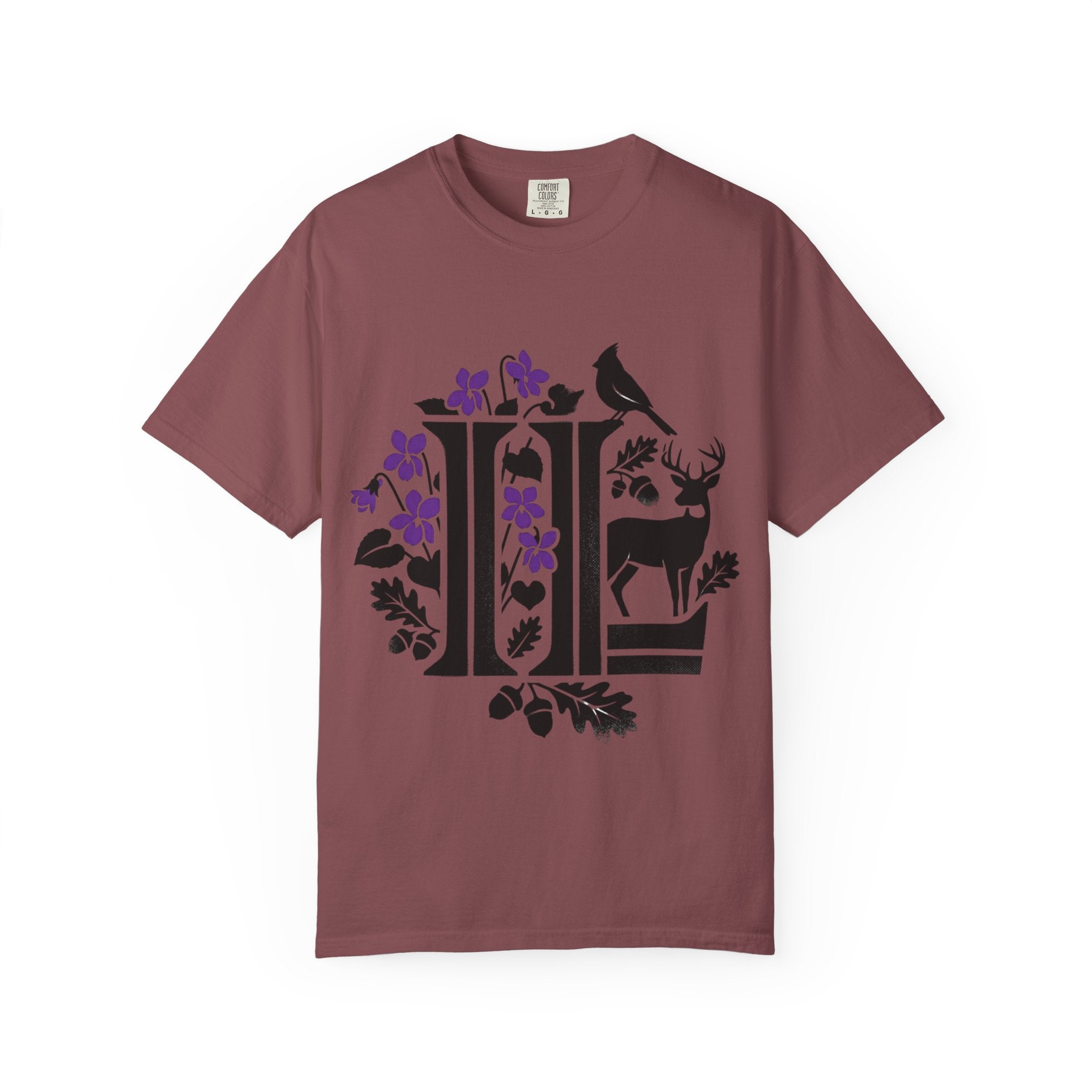 OurStateTees - Illinois IL -  Nature Initial Monogram with Deer & Birds (Floral Letter II)