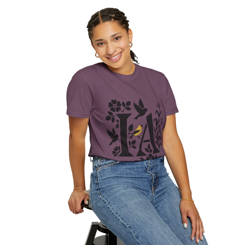 OurStateTees - Iowa IA Botanical Bird T-Shirt — Floral Initial Tee