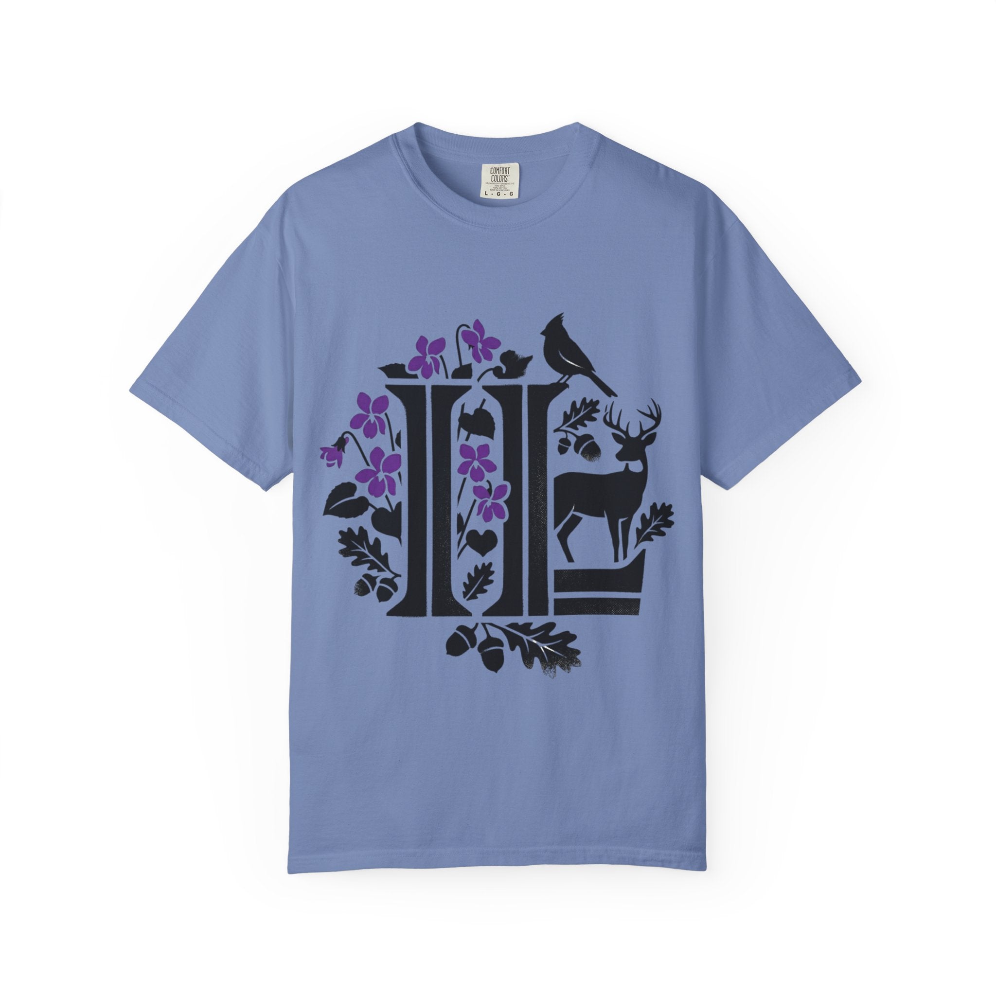 OurStateTees - Illinois IL -  Nature Initial Monogram with Deer & Birds (Floral Letter II)