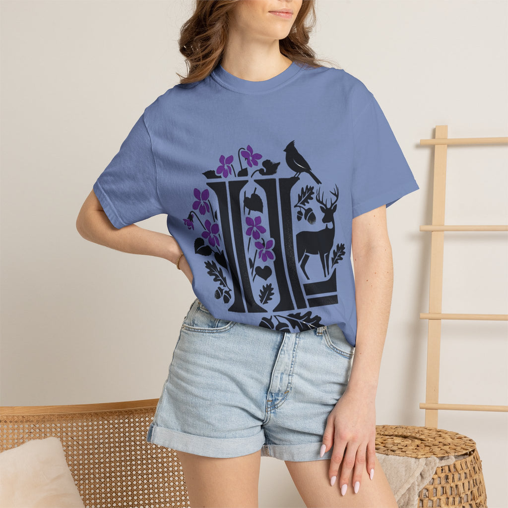 OurStateTees - Illinois IL -  Nature Initial Monogram with Deer & Birds (Floral Letter II)