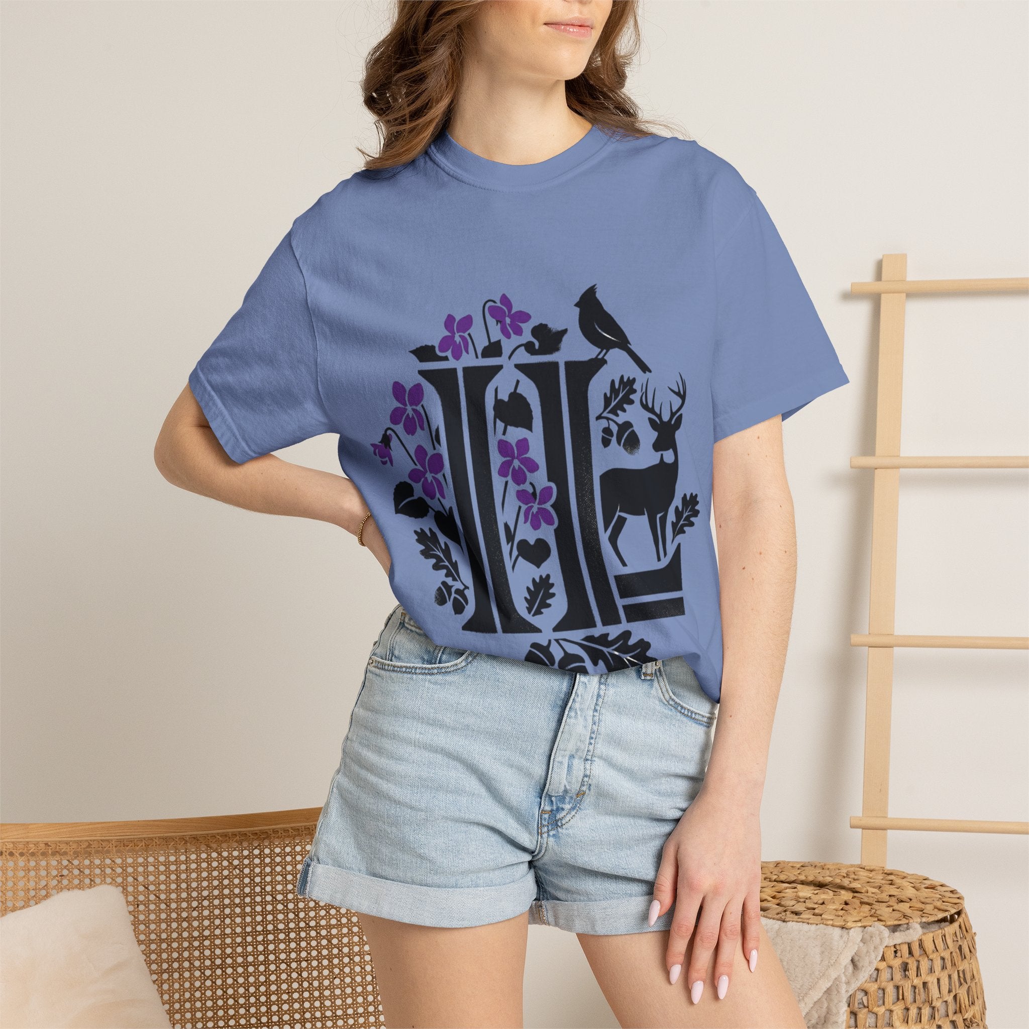 OurStateTees - Illinois IL -  Nature Initial Monogram with Deer & Birds (Floral Letter II)
