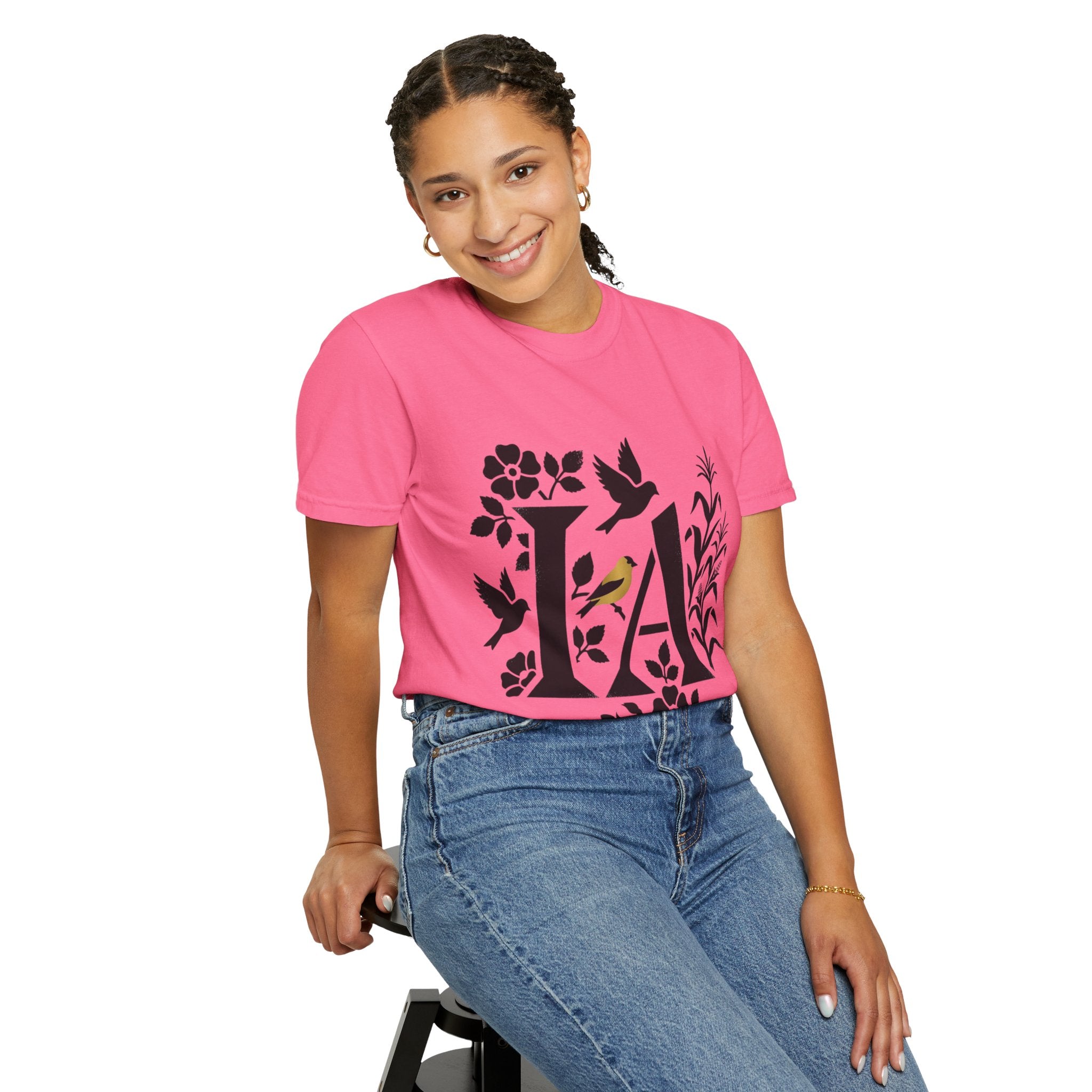 OurStateTees - Iowa IA Botanical Bird T-Shirt — Floral Initial Tee