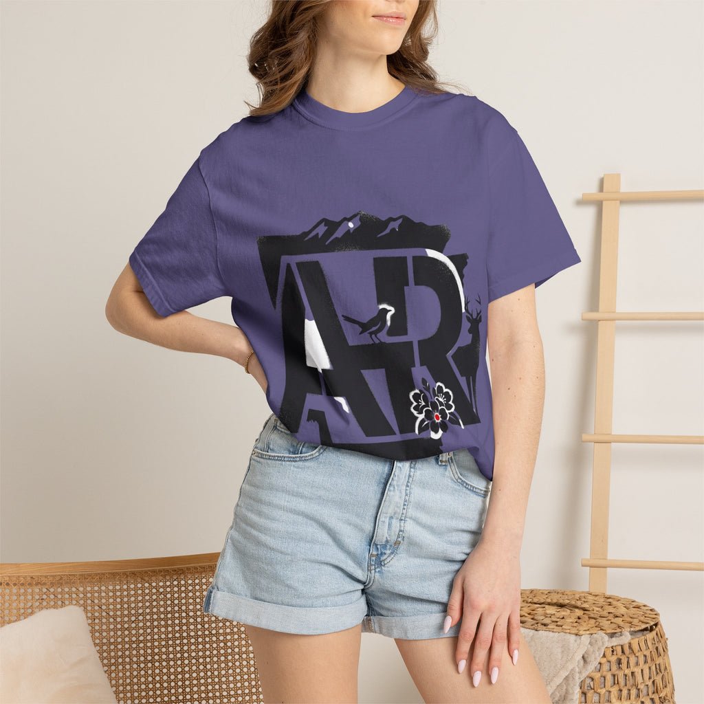 OurStateTees - Arkansas AR Mountain Logo T-Shirt — Nature Bird & Wildflower Graphic