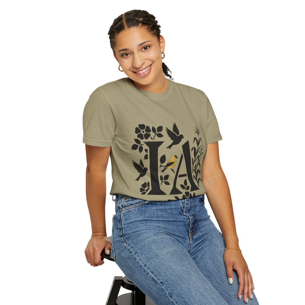 OurStateTees - Iowa IA Botanical Bird T-Shirt — Floral Initial Tee