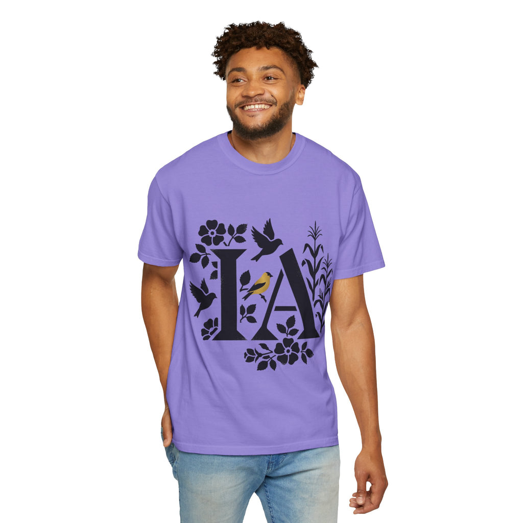 OurStateTees - Iowa IA Botanical Bird T-Shirt — Floral Initial Tee