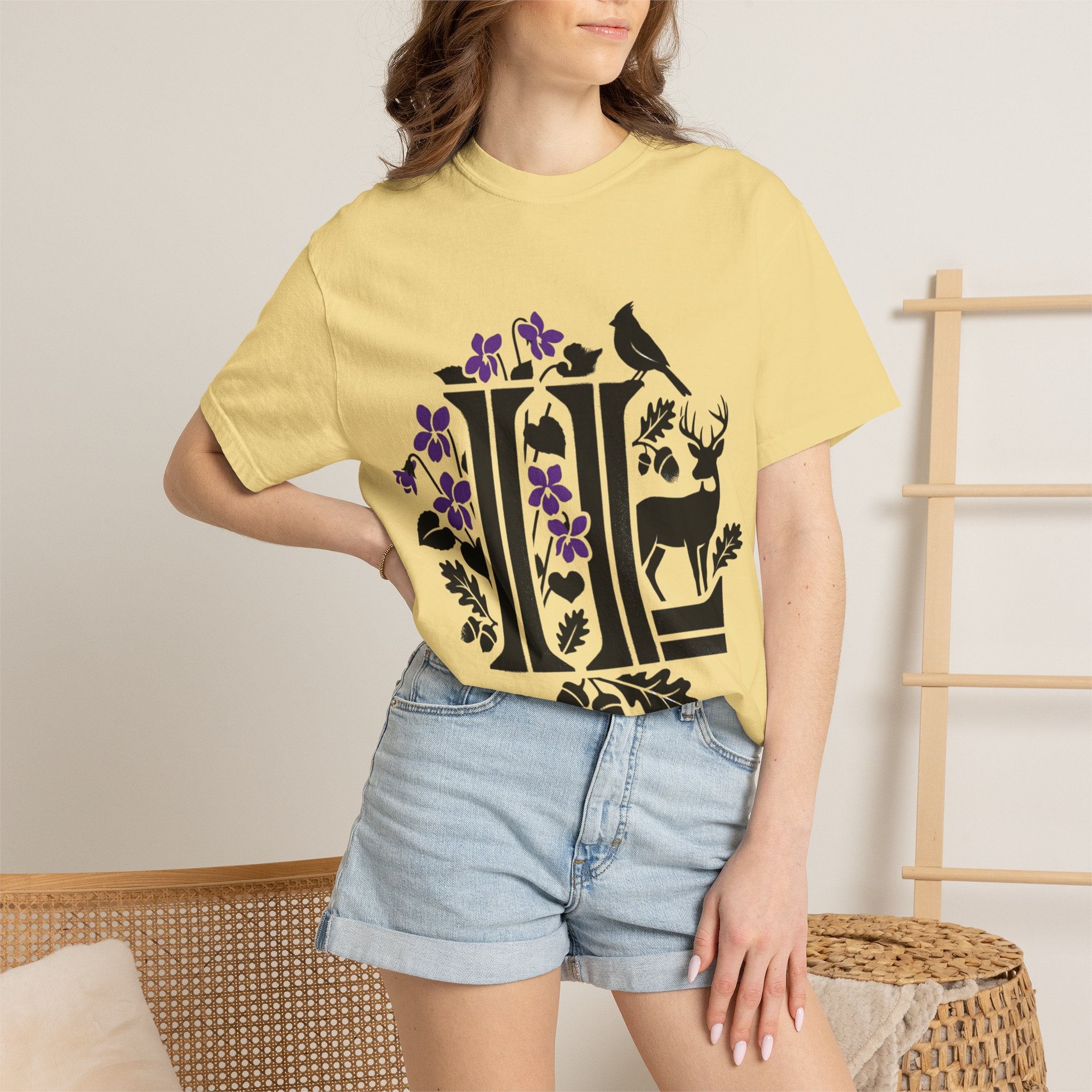 OurStateTees - Illinois IL -  Nature Initial Monogram with Deer & Birds (Floral Letter II)