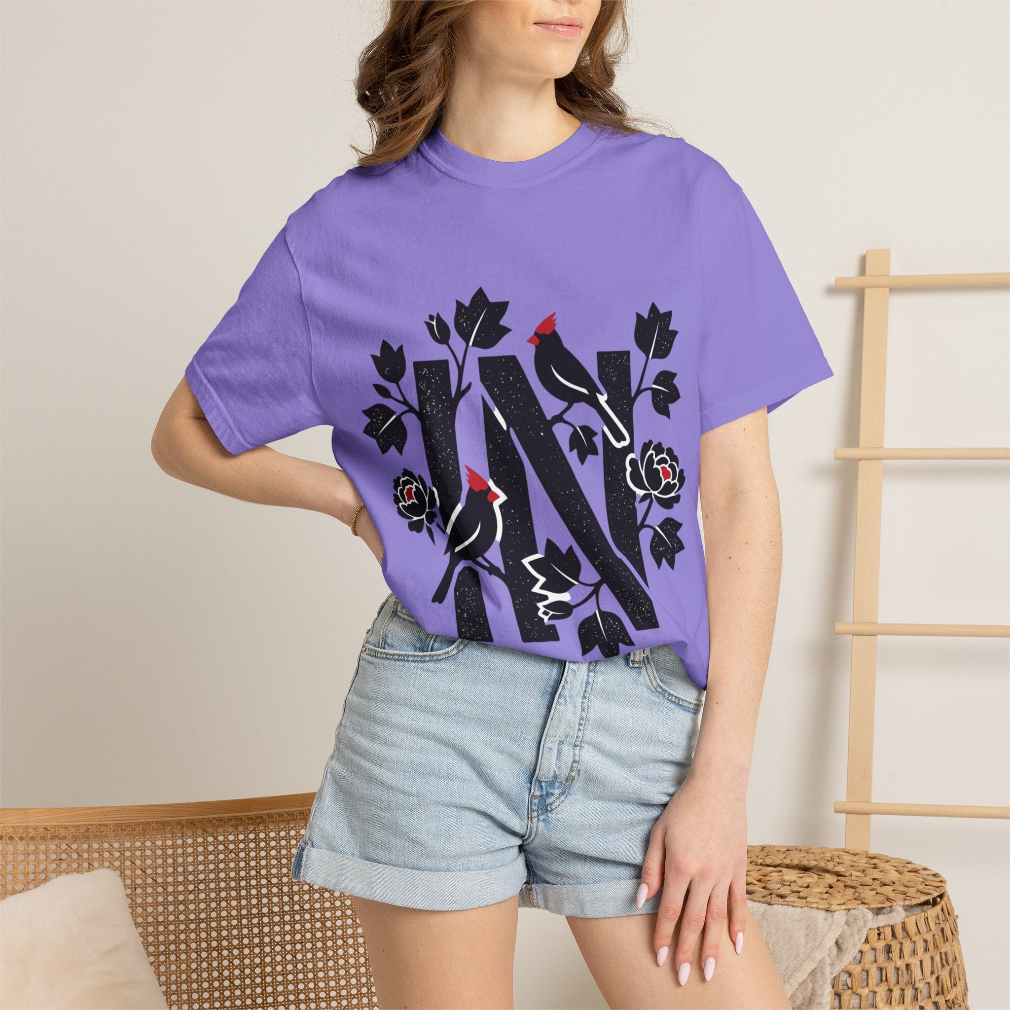OurStateTees - Indiana IN Cardinal & Floral 'N' Monogram T-Shirt — Botanical Letter Tee