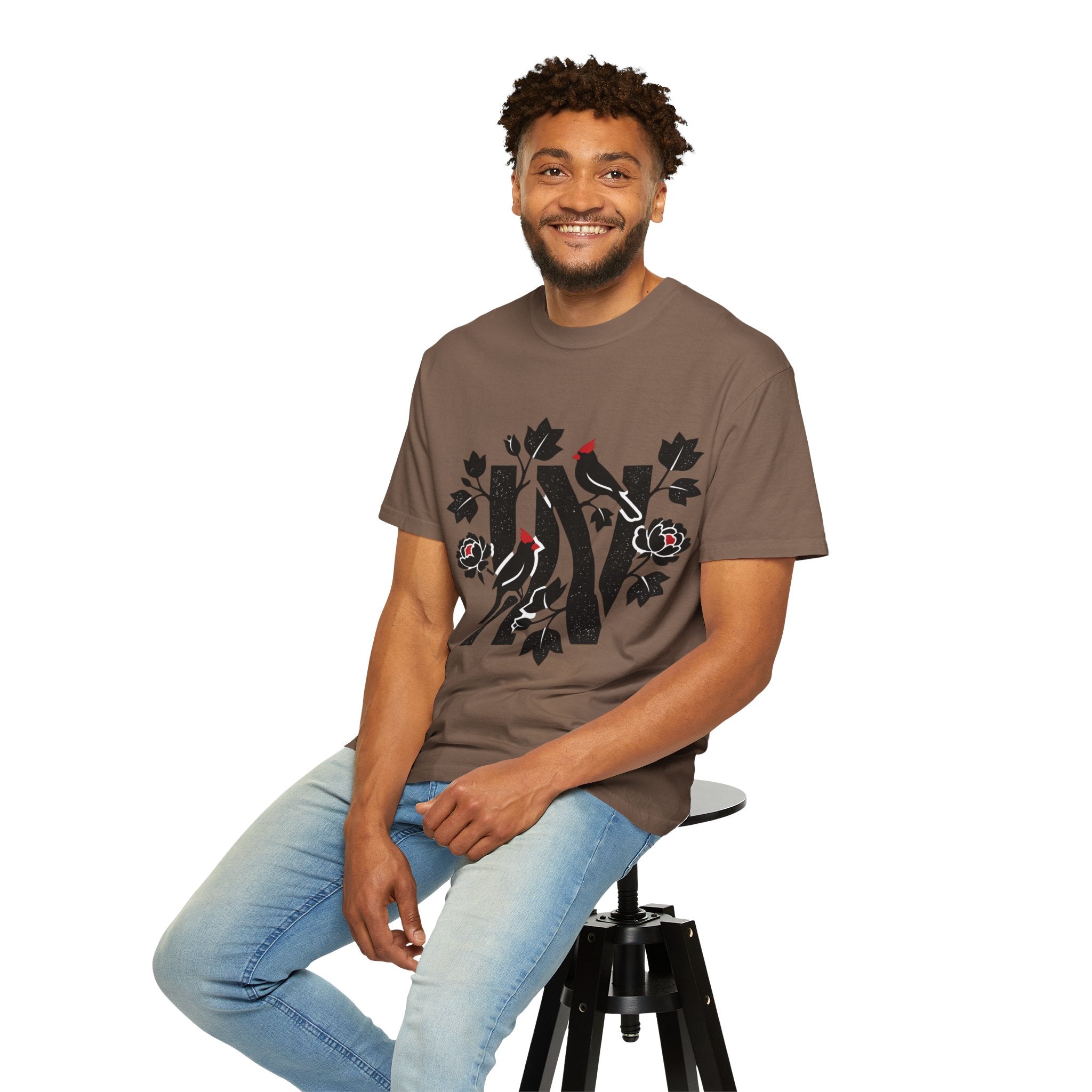 OurStateTees - Indiana IN Cardinal & Floral 'N' Monogram T-Shirt — Botanical Letter Tee