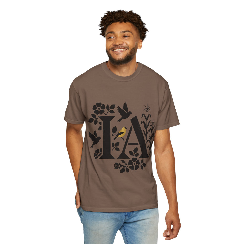 OurStateTees - Iowa IA Botanical Bird T-Shirt — Floral Initial Tee