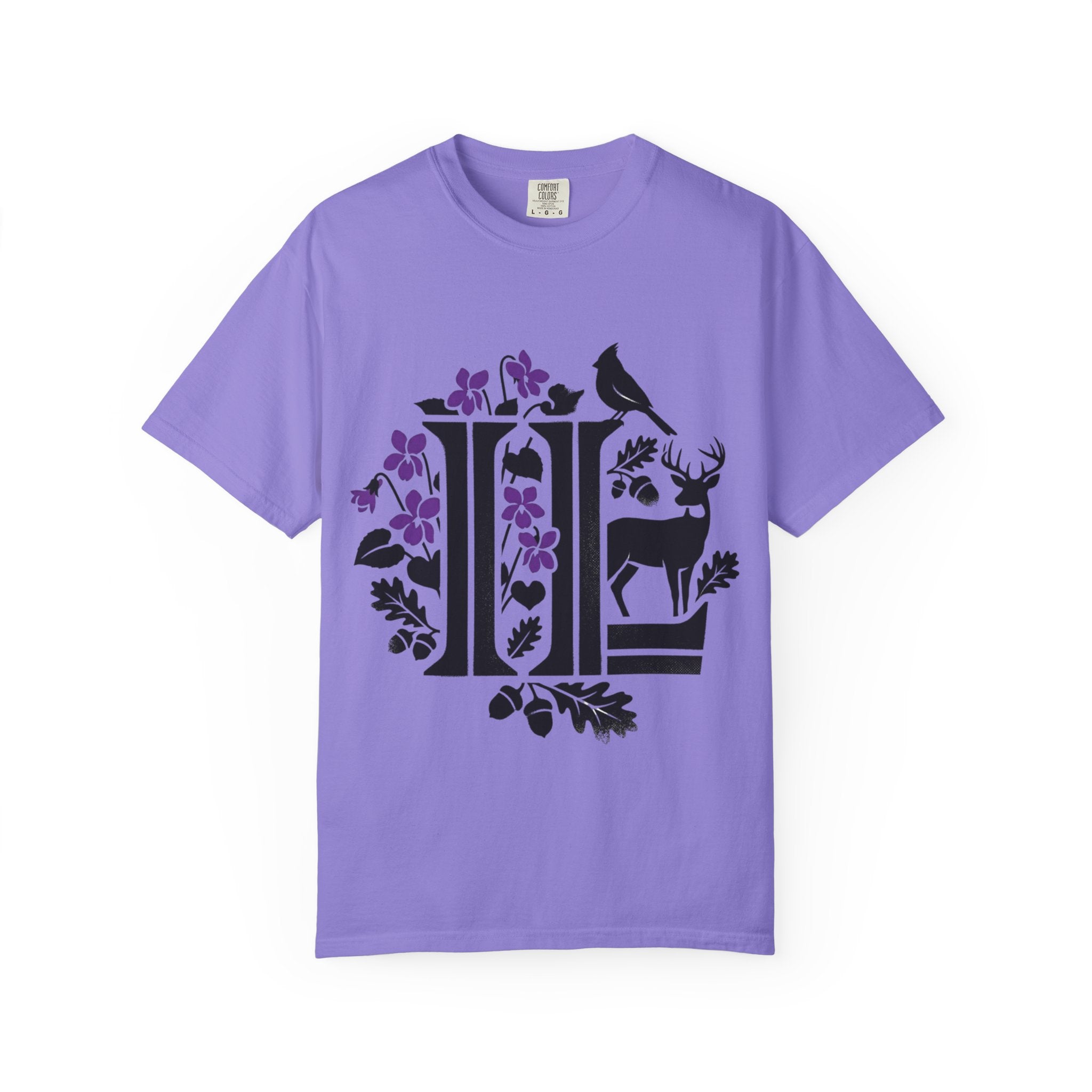 OurStateTees - Illinois IL -  Nature Initial Monogram with Deer & Birds (Floral Letter II)