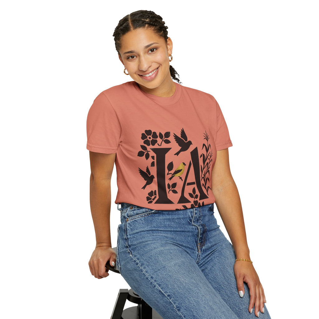 OurStateTees - Iowa IA Botanical Bird T-Shirt — Floral Initial Tee