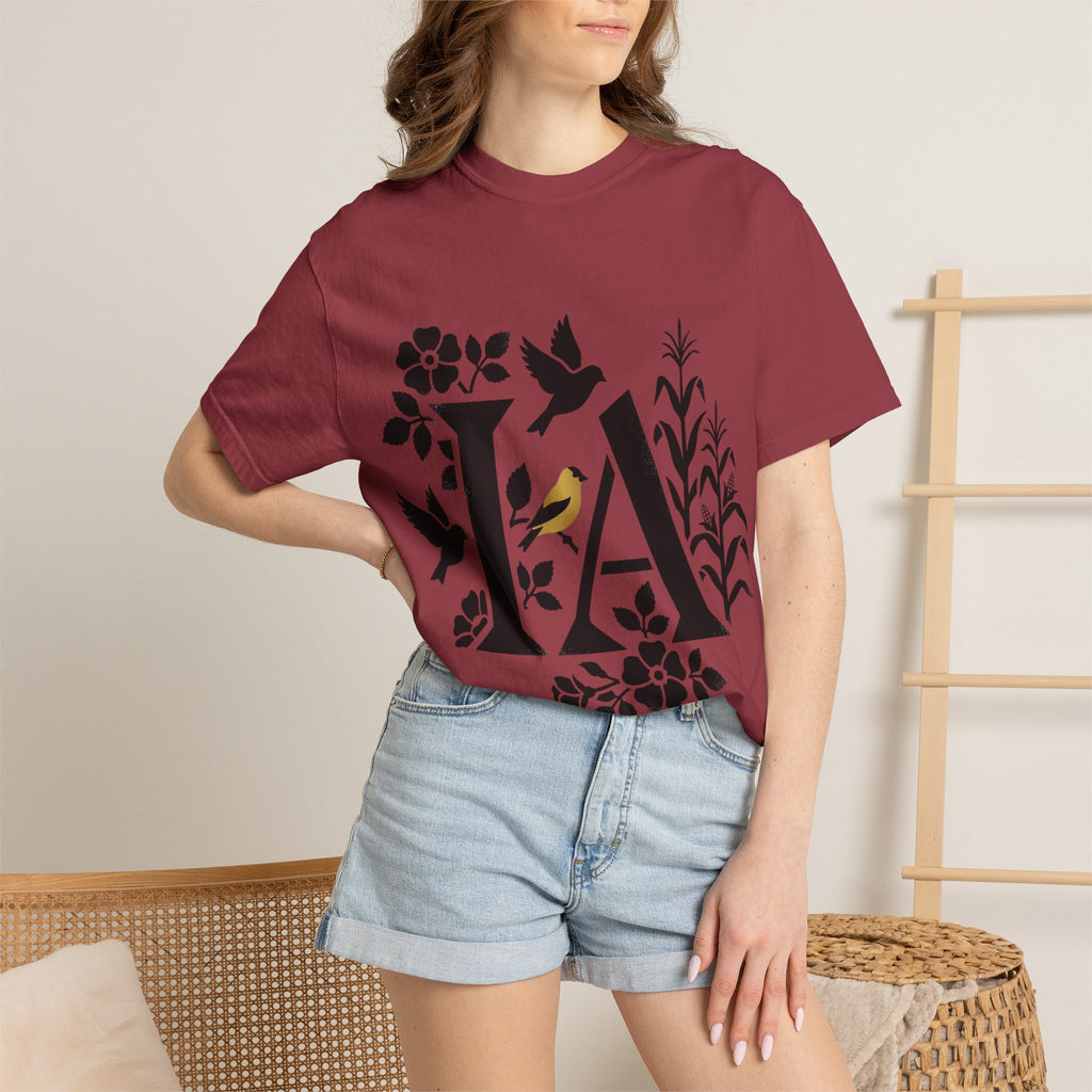 OurStateTees - Iowa IA Botanical Bird T-Shirt — Floral Initial Tee
