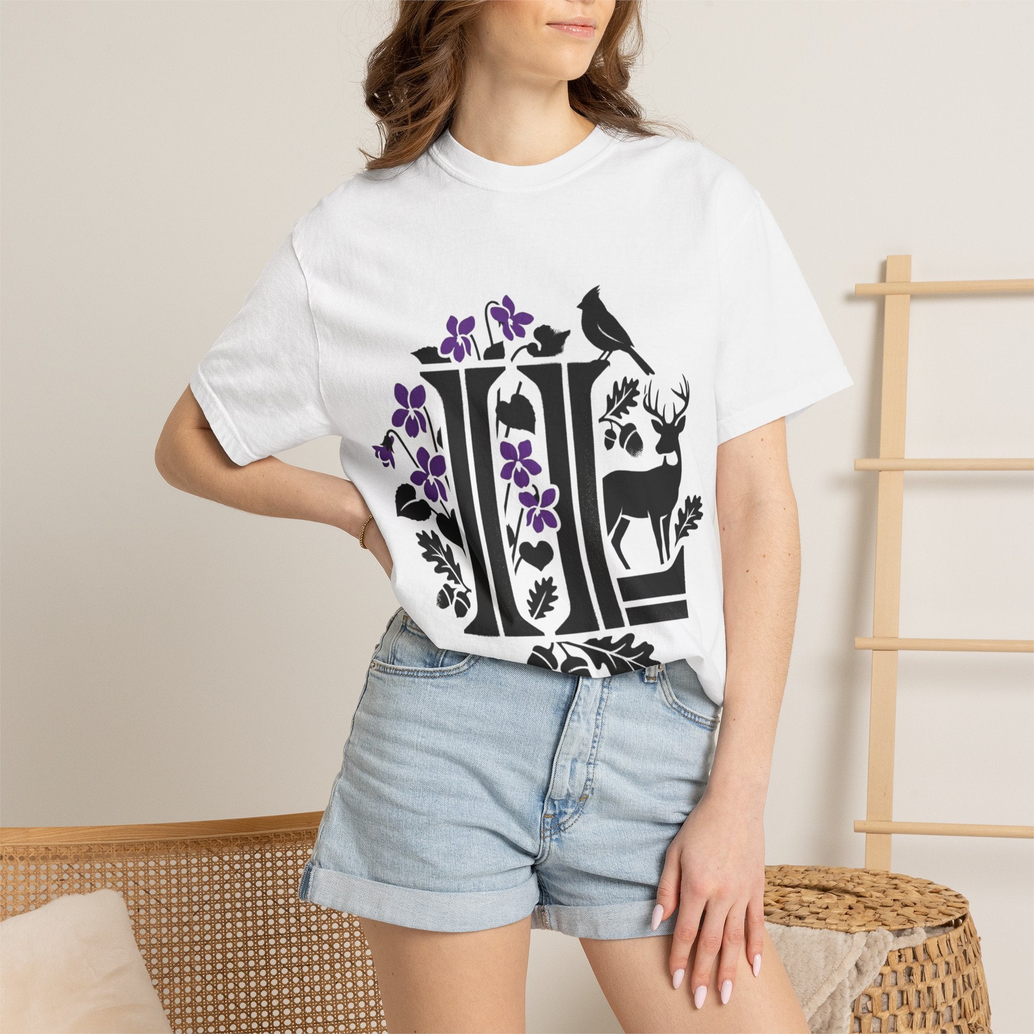 OurStateTees - Illinois IL -  Nature Initial Monogram with Deer & Birds (Floral Letter II)