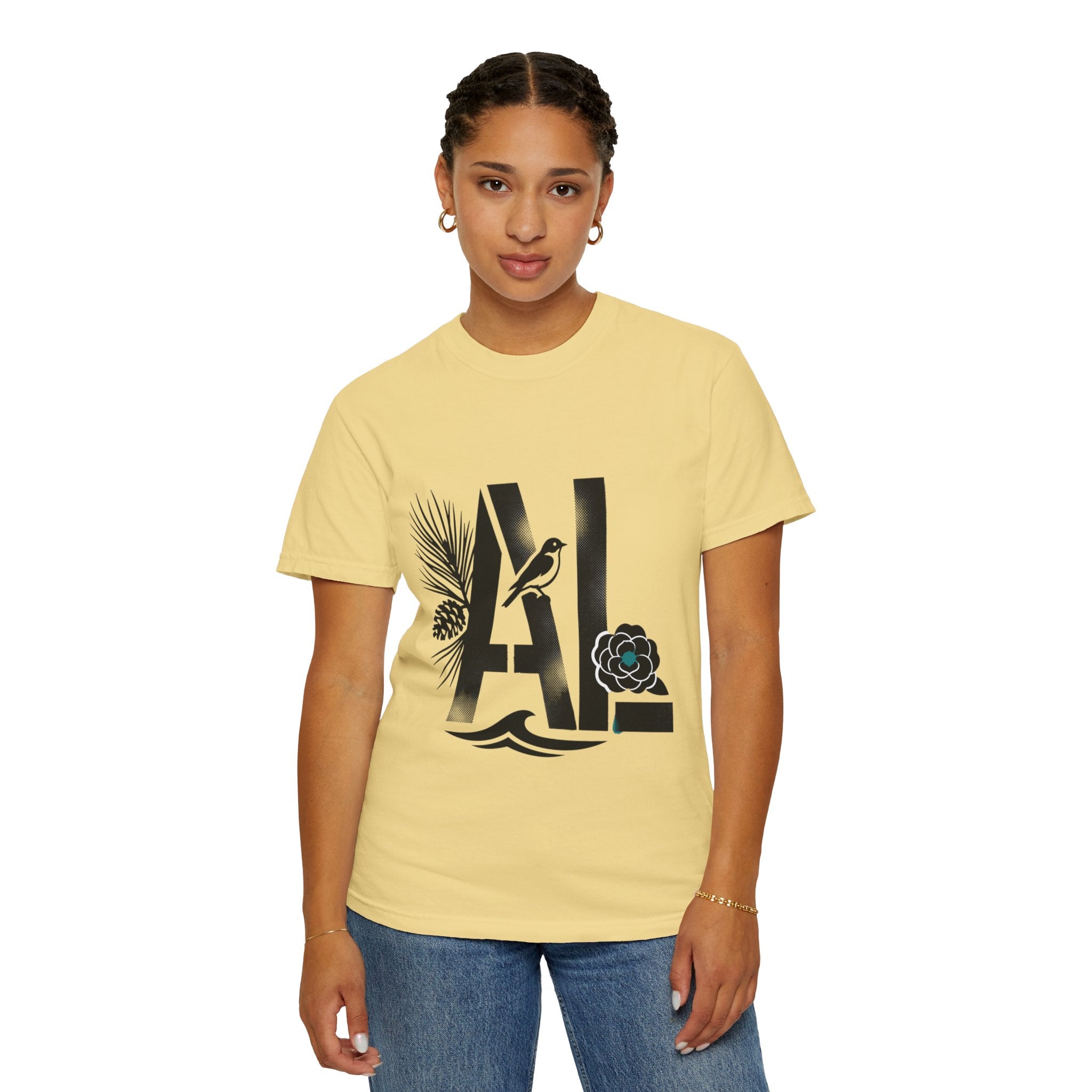 OurStateTees - Alabama AL Botanical Graphic T-Shirt — California Palm, Flower & Bird Design