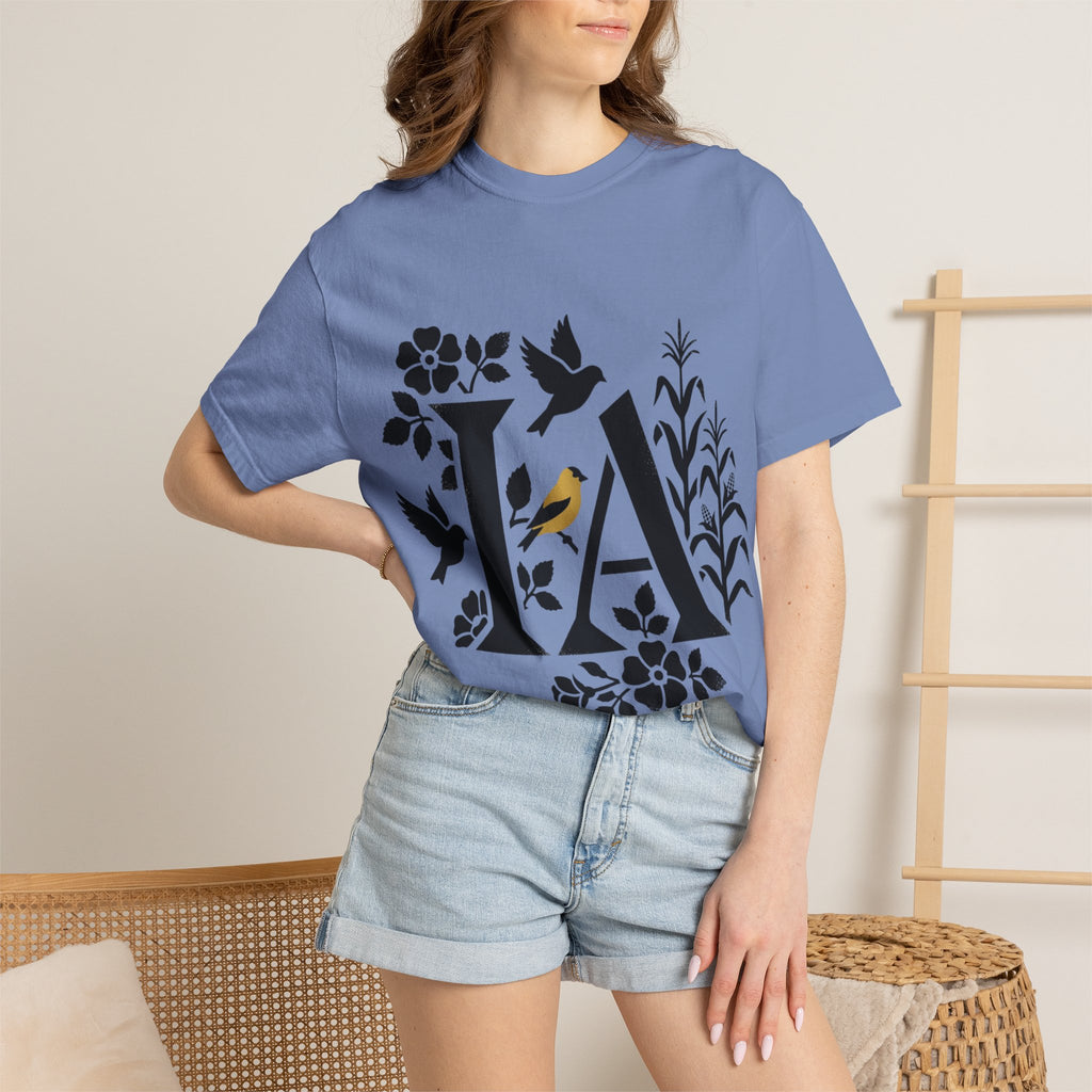 OurStateTees - Iowa IA Botanical Bird T-Shirt — Floral Initial Tee