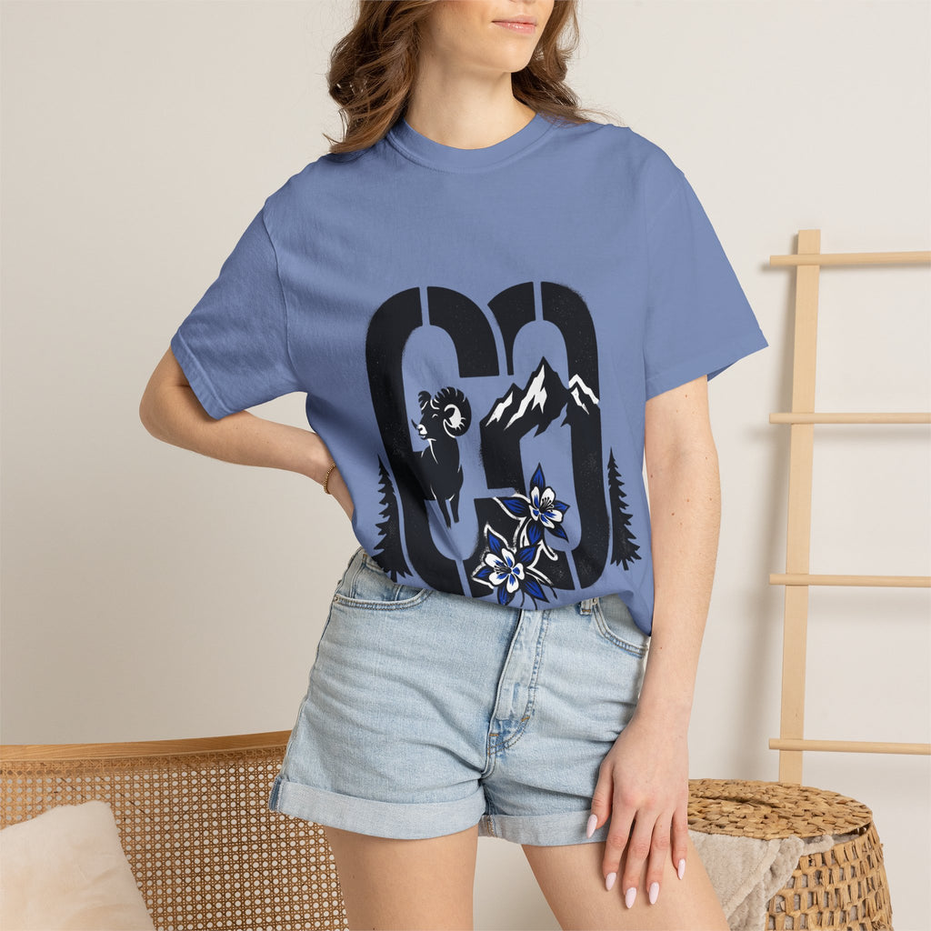 OurStateTees - Colorado CO Rocky Mountain Anniversary Tee — Mountain Goat & Wildflower Graphic T-Shirt