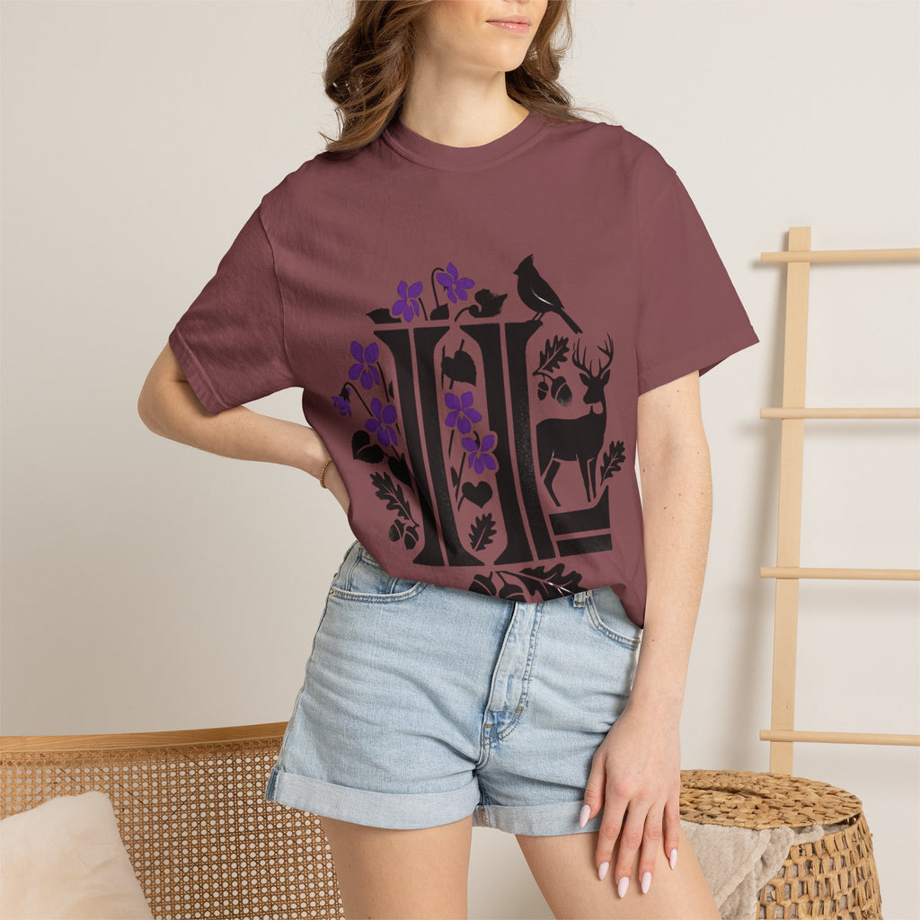 OurStateTees - Illinois IL -  Nature Initial Monogram with Deer & Birds (Floral Letter II)