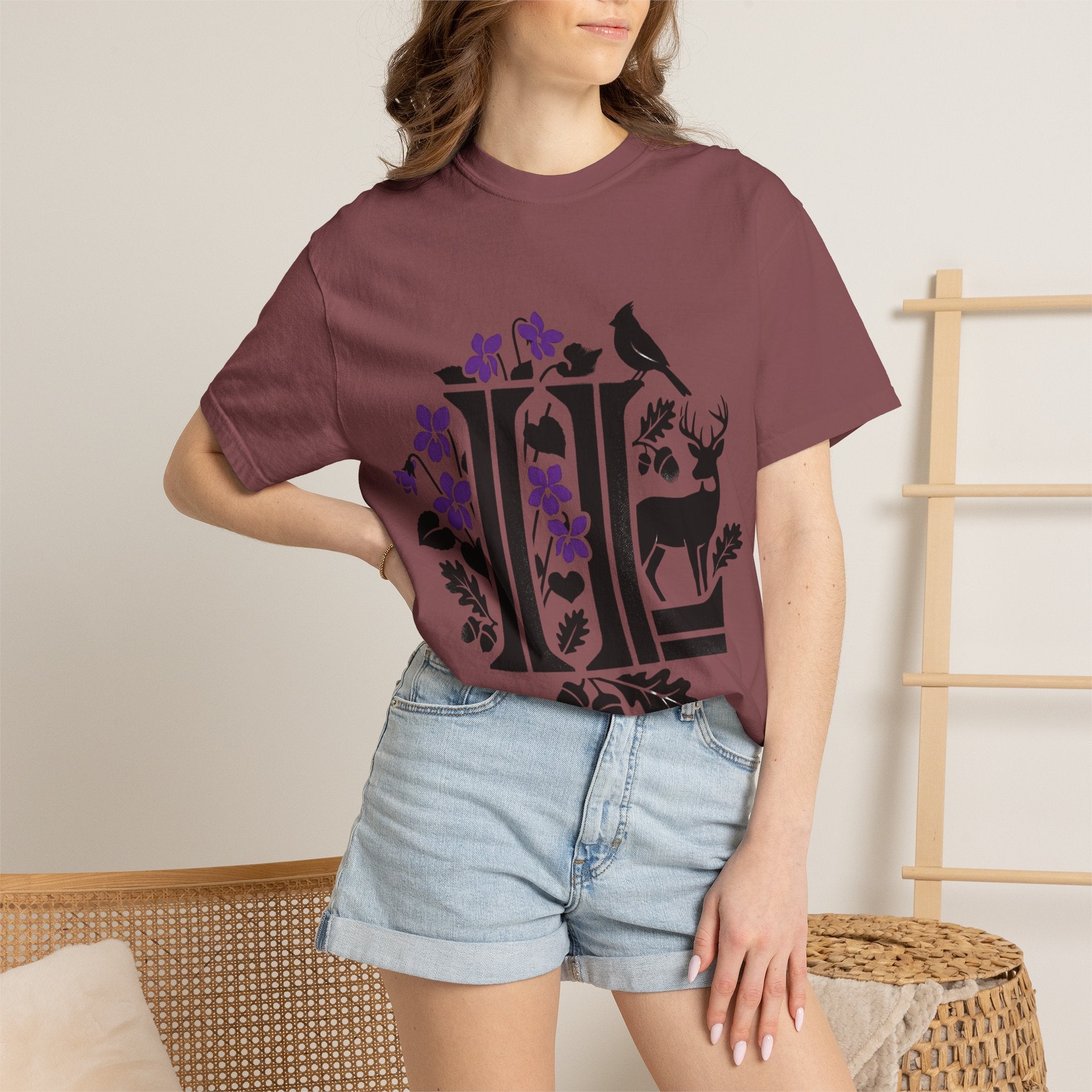 OurStateTees - Illinois IL -  Nature Initial Monogram with Deer & Birds (Floral Letter II)
