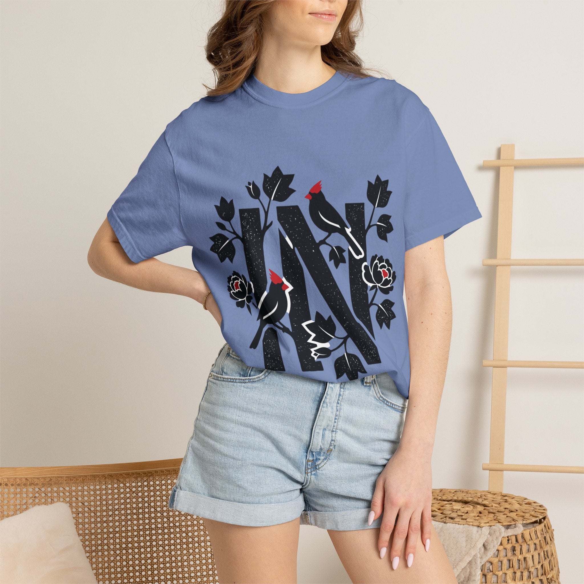 OurStateTees - Indiana IN Cardinal & Floral 'N' Monogram T-Shirt — Botanical Letter Tee