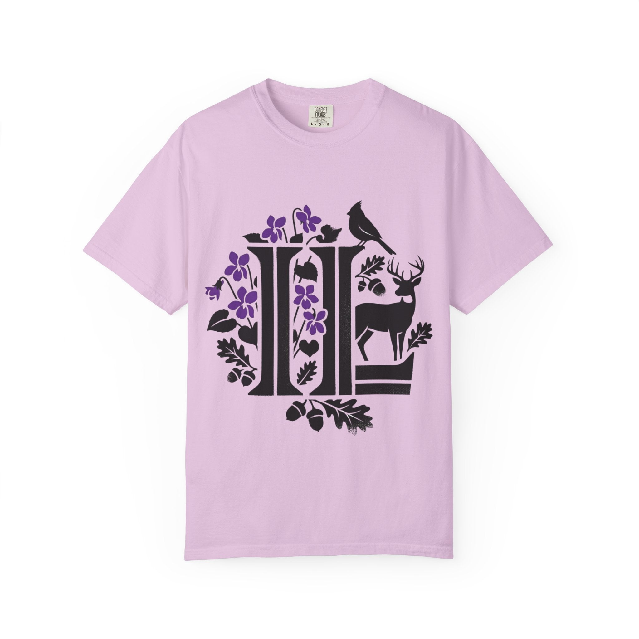 OurStateTees - Illinois IL -  Nature Initial Monogram with Deer & Birds (Floral Letter II)