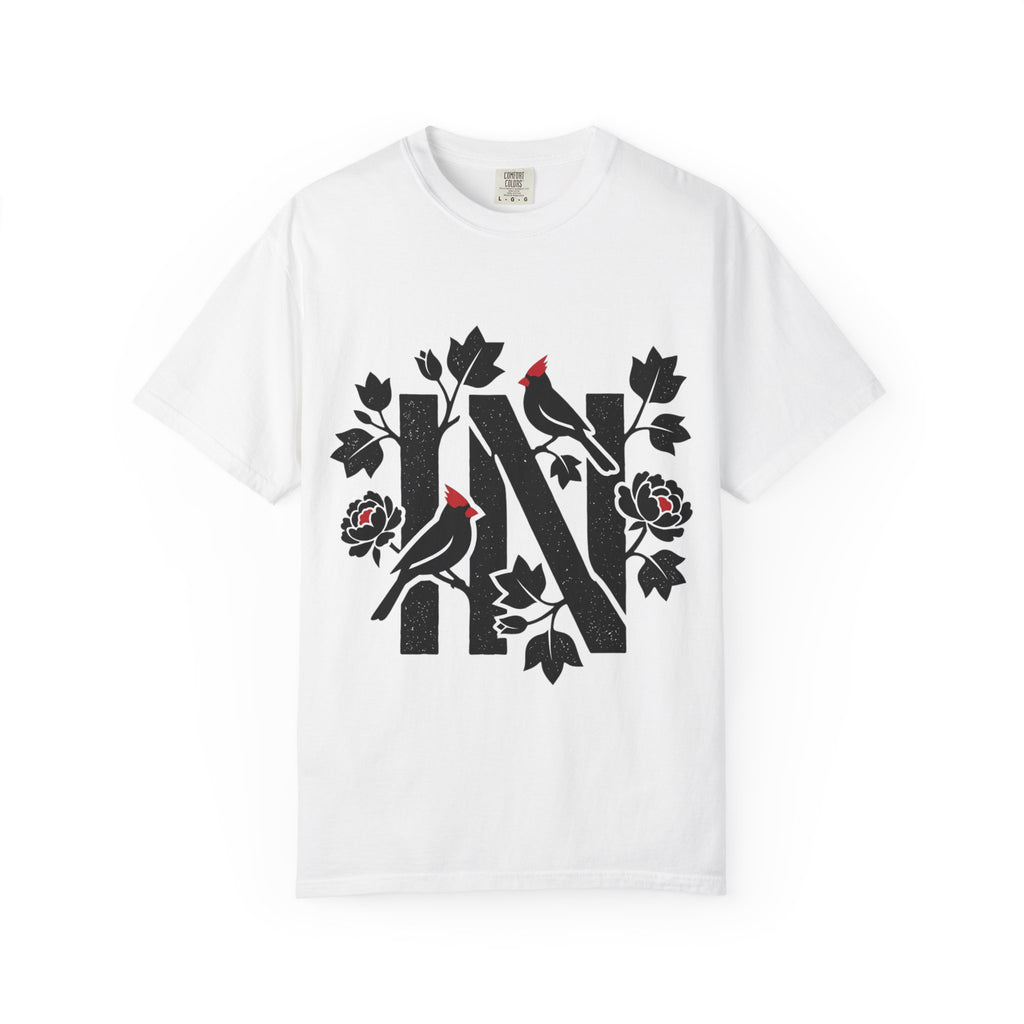 OurStateTees - Indiana IN Cardinal & Floral 'N' Monogram T-Shirt — Botanical Letter Tee