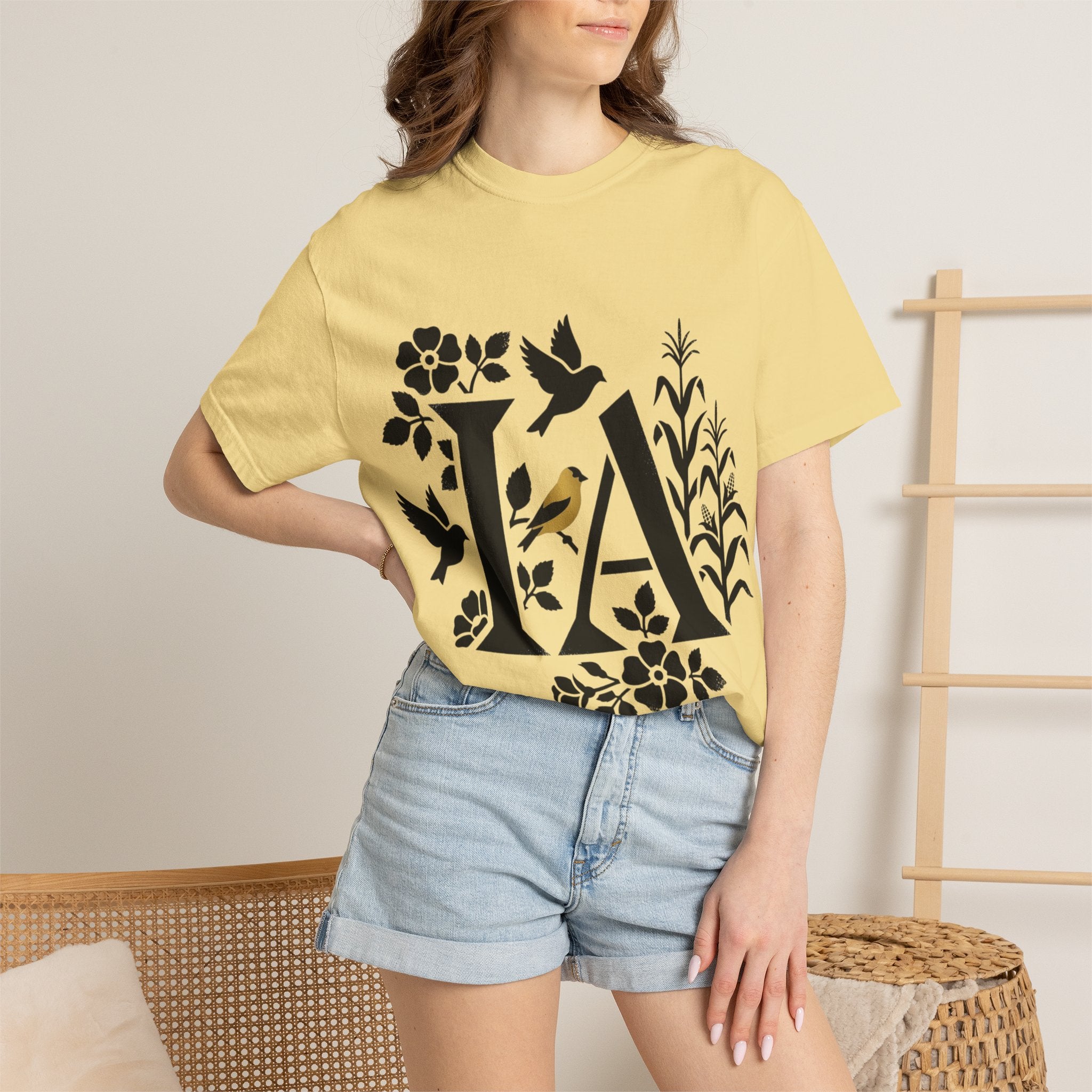 OurStateTees - Iowa IA Botanical Bird T-Shirt — Floral Initial Tee