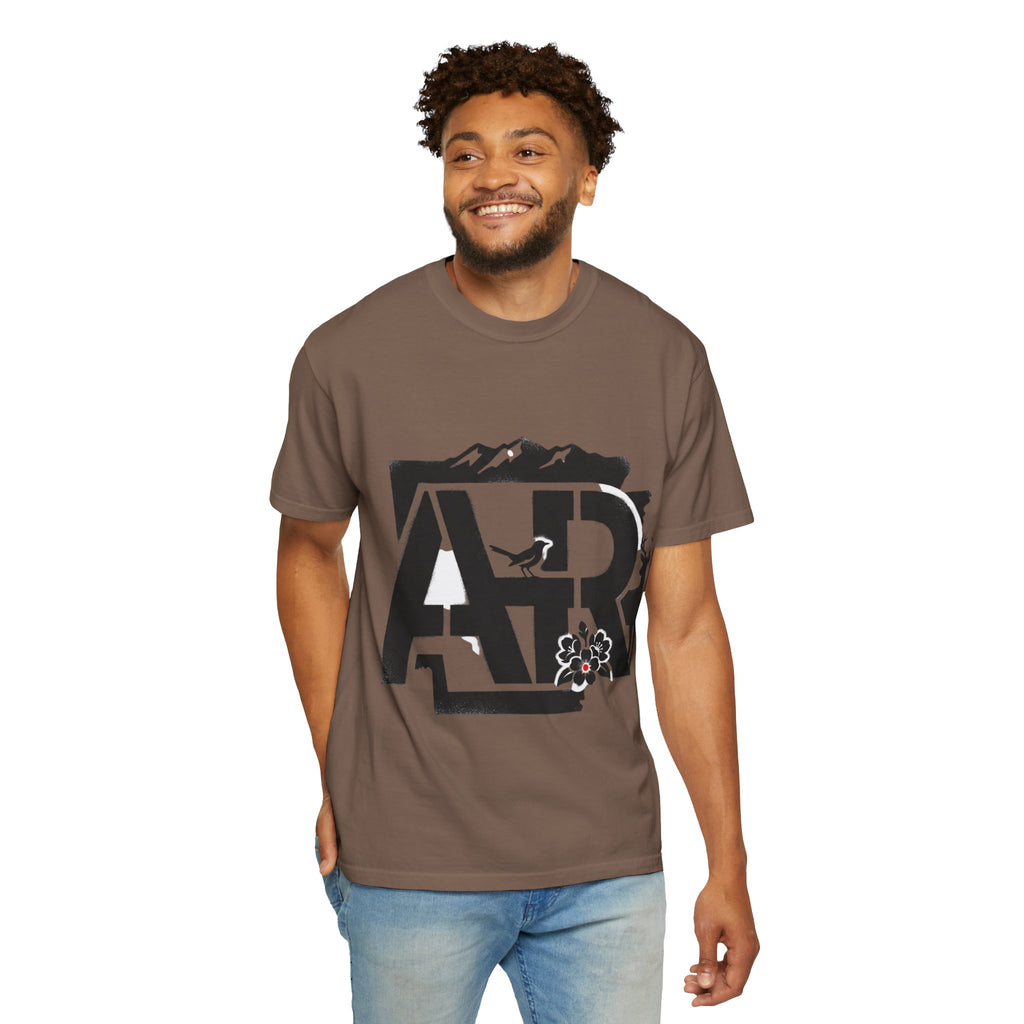OurStateTees - Arkansas AR Mountain Logo T-Shirt — Nature Bird & Wildflower Graphic