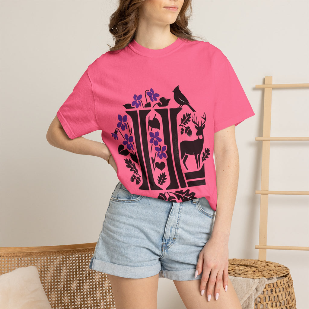 OurStateTees - Illinois IL -  Nature Initial Monogram with Deer & Birds (Floral Letter II)